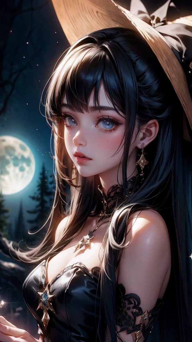 Cute Girl, cowboy shot,black lace dress,portrait,beautiful detailed eyes,beautiful detailed lips,long eyelashes,witch,black magic wand,moonlight,enchanted forest,mysterious atmosphere,gothic style,vivid colors,dynamic pose,soft lighting,powerful gaze,hauntingly beautiful,ethereal beauty,storybook illustration,contrasting tones,dark and light,whimsical feel,fantasy elements,elaborate hairstyle,mystical aura,sparkling stars,alluring charm,eventide,casting spells,hidden secrets,glowing moon,enchanted powers,spellbinding,beauty and mystique,moonlit sky,otherworldly presence,alluring gaze,mesmerizing allure