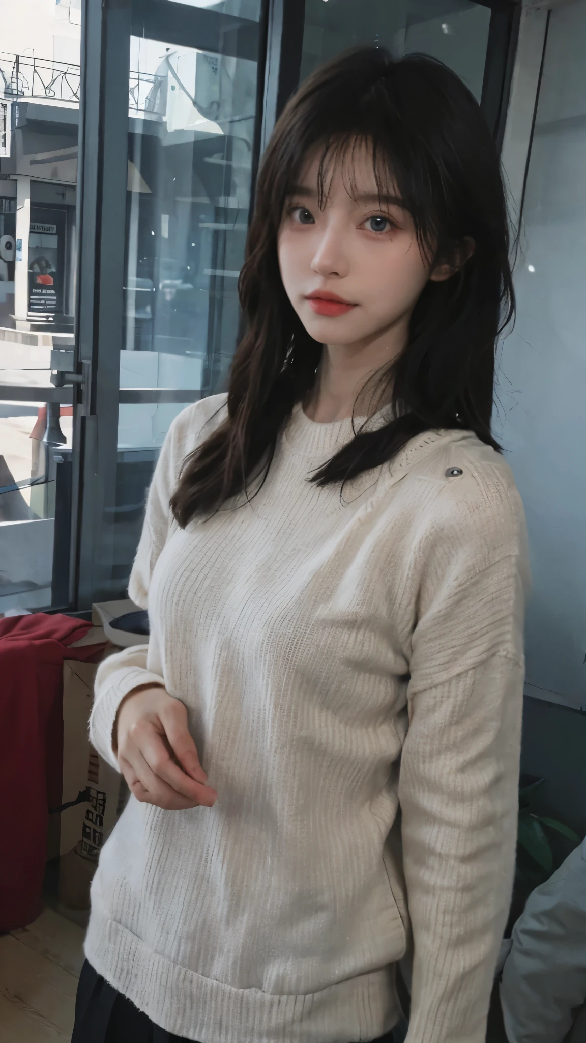 miss, big breasts, redhead, blue eyes, transparent sweater, small chin  