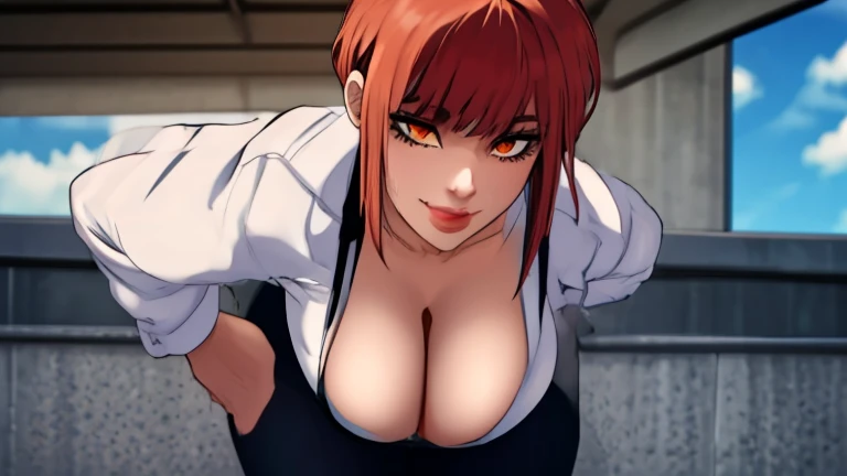 Nobara 1girl, solo, mole above mouth, earrings, red eyes, jewelry, cowboy, makeup, lipstick, looking at viewer, necktie, blurry, food, red necktie, stud earrings, mole, blurry background, red lips, nose, day, shirt, upper body, lips, mouth hold, eyeshadow, depth of field, short hair, outdoors, mascara, medium hair, big breasts, fat breasts, thick thighs, best quality:1.3), (4K quality), social black pants, ((detailed face)),((smile)), ((curvy body)), (big breasts), sexy, (( cut hair )), ((thong pants cleavage)), ((blue sky)), ((leaning forward)), looking at viewer, necktie, white hair, asymmetrical hair, blurry, food, red necktie,