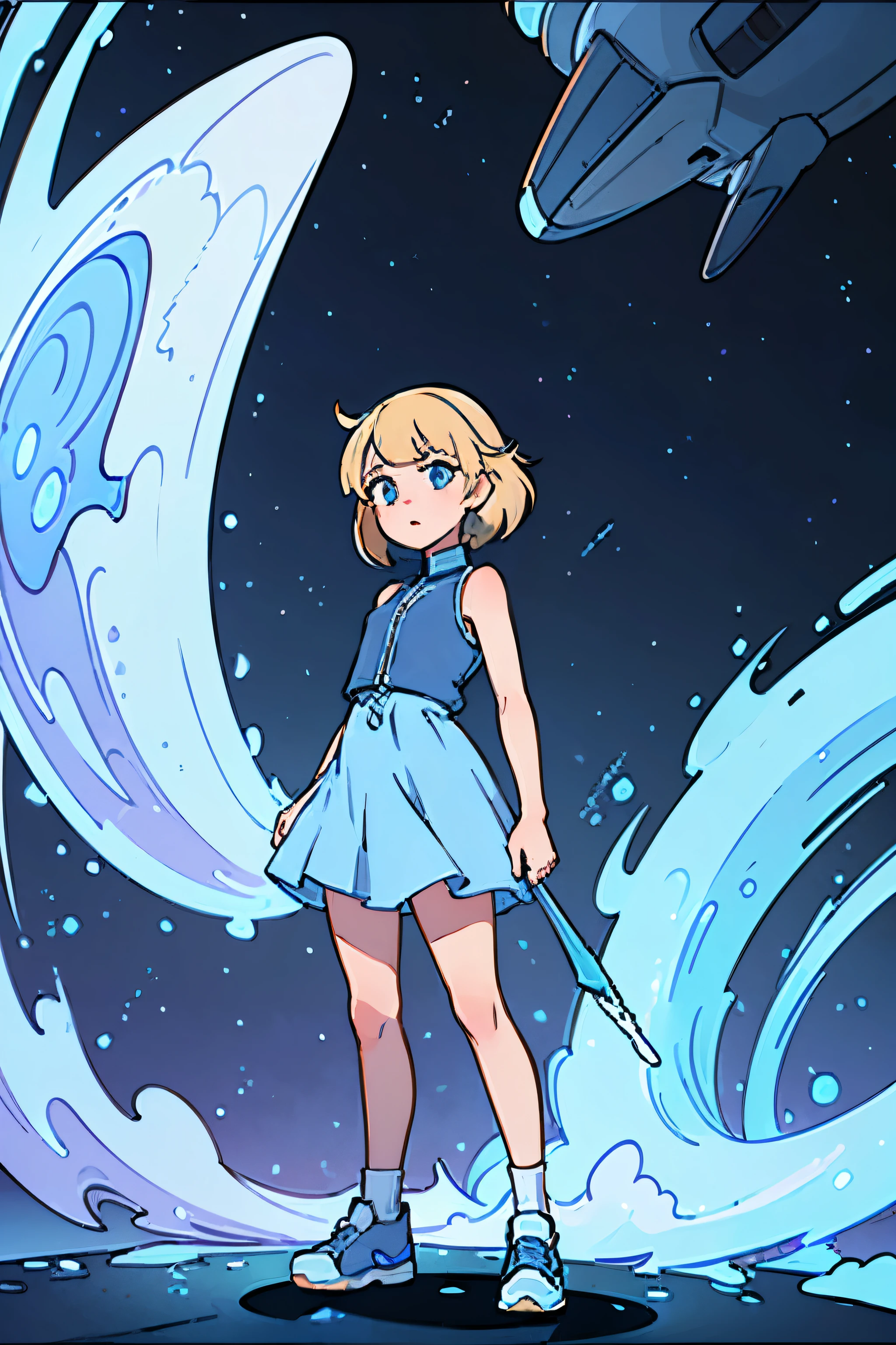 12 year old girl. blonde hair with blue high-lights. blue eyes. wearing an ocean dress . wearing blue sneakers. wearing white. standing straight. arms at the side. facing forward.whole body can be seen. cosmic background.