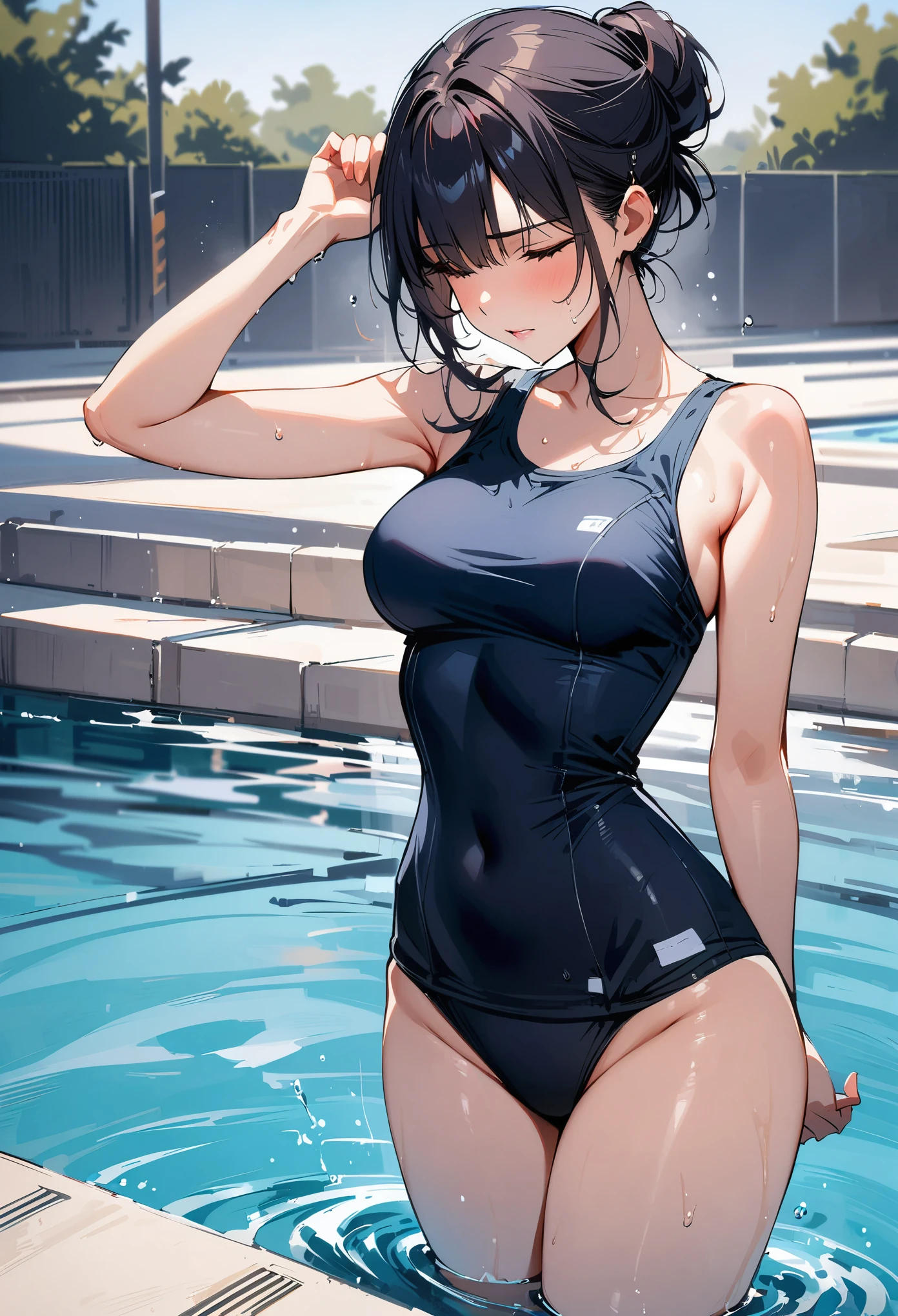 (masterpiece, best quality:1.2), 1 girl, alone , sexy , (school swimsuit), (cowboy shot) , black hair ,hair bun, (Sweat),  (pool_backlground) , outdoor , in water