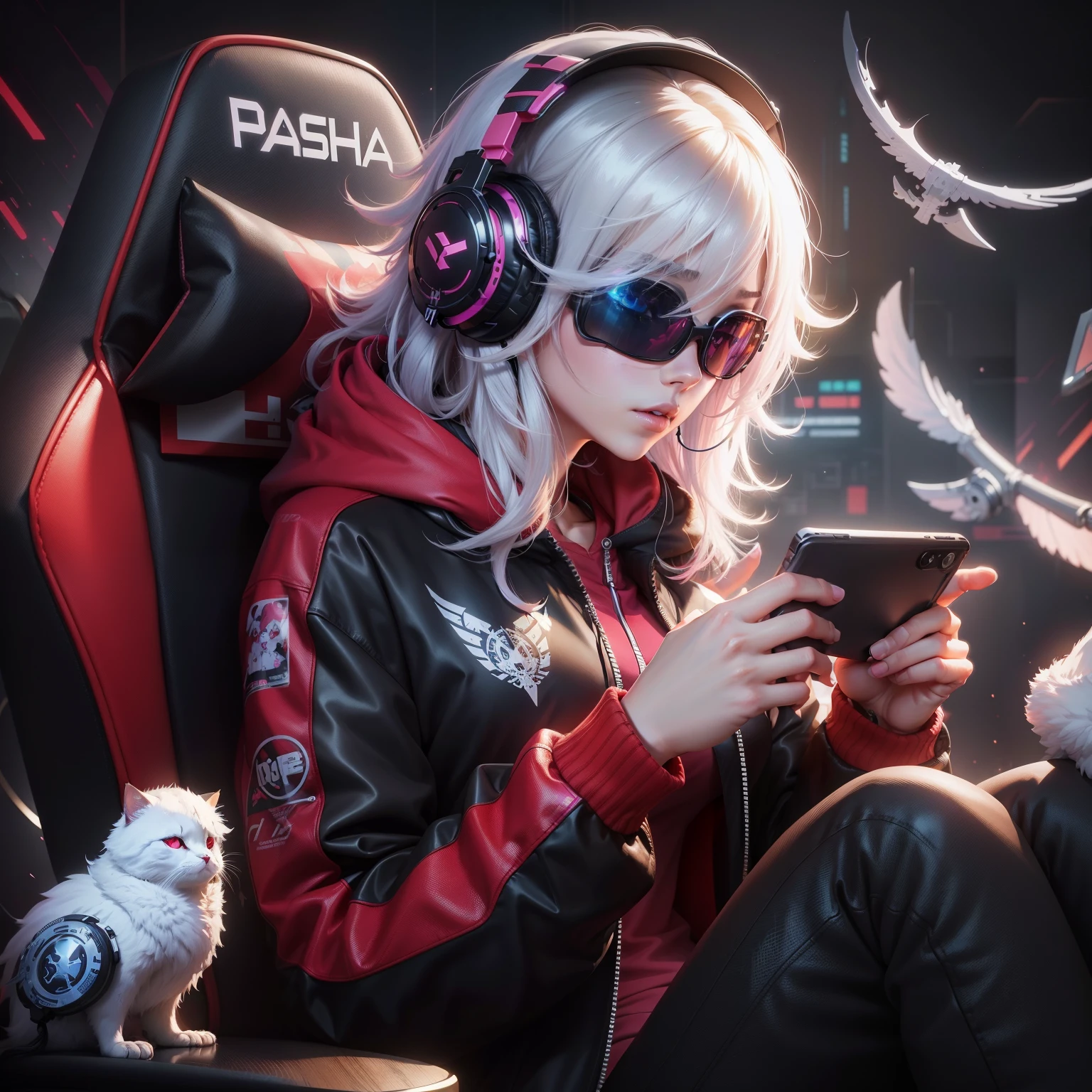 there is a woman sitting in a chair with headphones on and a cell phone, anime style 4 k, cyberpunk anime girl in hoodie, gamer aesthetic, badass anime 8 k, anime art wallpaper 4k, anime art wallpaper 4 k, 8k high quality detailed art, profile picture 1024px, ross tran 8 k, e-sport style