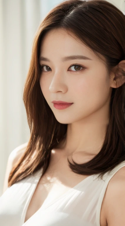 Cherry tree、Long Gilet、open chest、I'm not wearing anything inside、whole body、NiziUAYAKA、 4K、1people's women、slender、 Loose wavy styling 、seductive and attractive、Including face and skin texture.,detailed eyes、A soothing expression with a smile