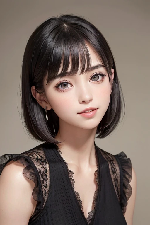 (table top, highest quality、ultra high resolution、face focus focus、focus on the sides、very attractive beauty、Add intense highlights to your eyes、look closely at the camera:1.4、Absolutely beautiful bangs:1.4、前髪のあるブルネットのshort hair:1.4),1 girl, Report, black haired, realistic, looking at the viewer, pale black eyes, short hair, lips, lip gloss, Upper body、Big eyes、eyelash)、((natural background、hyper real stick:1.4))、((short hair with bangs:1.4、Beautiful bangs with 46 points:1.4、, cleavage:2、Big eyes、Give your students very powerful highlights、look at the audience、very beautiful beauty、show me your ears、beautiful long neck、beautiful decollete、smile、A smilee beautiful teeth、Open your mouth and smilee))、18-year-old、very cute super model、perfect anatomy