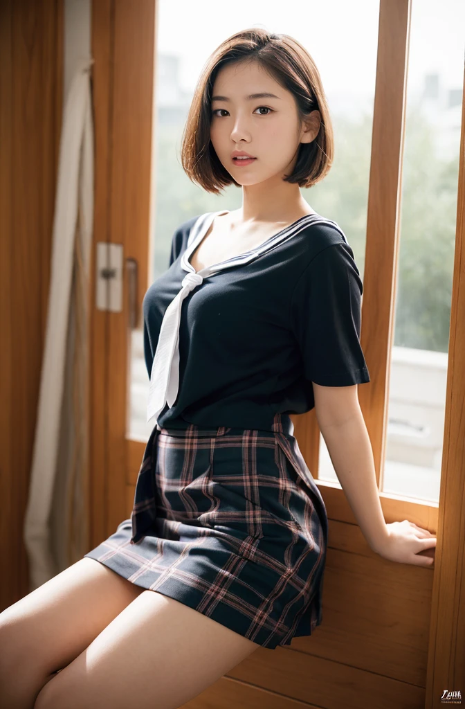 Upper half of traditional sailor suit、Japanese high school student、15 year old female, RAW shooting, (realism: 1.8, realistic), High-definition CG integrated 8K wallpaper, one girl, camera'line of sight, ((straight from the front))), (headquarters skin: 1.8, shiny skin)), 8k uh, Digital single-lens reflex camera, soft lighting, high quality, (whole body: 0.5) (professional lighting: 1.6), japanese woman, 足首からwhole bodyまで, Photographed looking up from the feet, height: 160cm, Weight 50kg, (((Her skirt is rolled up and her white underwear is visible.)))、(((legs open:1.5)))