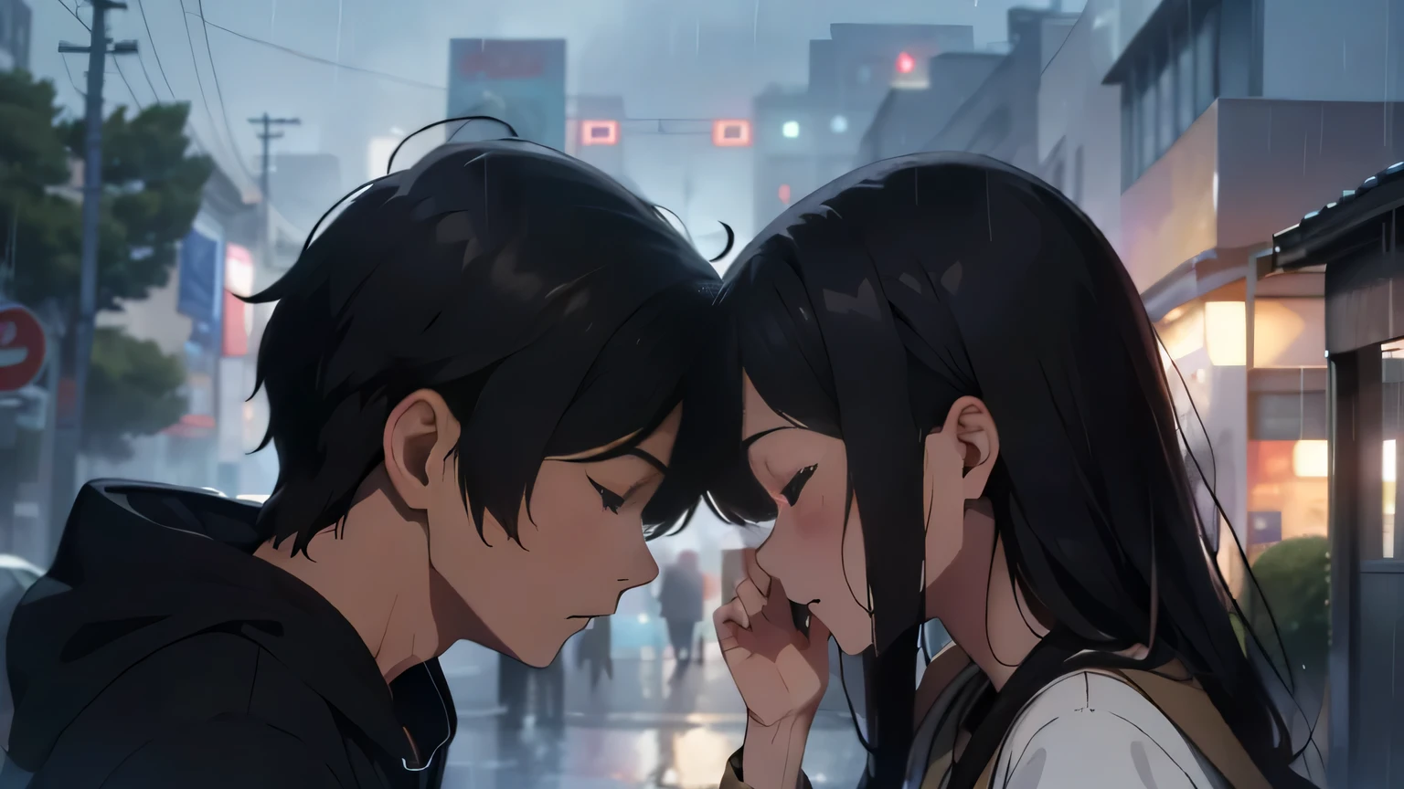 20 years old((male))The woman、In the pouring rain、put your hands in front of your face、Close your eyes、Close-up of the profile of people walking side by side、The background is a storm of heavy rain and strong winds.