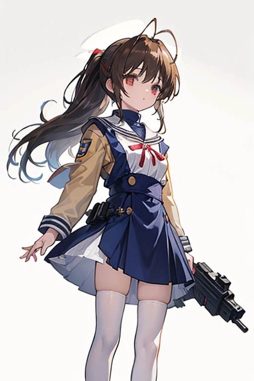 (masterpiece, high quality, best work, highest quality picture, ultra detailed, ((ultra detail face and eyes)), detailed finger), (whole body, full length, anime girl, anime character are STANDING, have a pistol, modern pistol, black pistol, small arms, have a small gun), ((long hair, black hair, ponytail, light brown uniform, the clothing's color is ochle(light brown), simple clothing, zettai ryouiki, white legwear, lushly bearded, red eyes, dark blue neck warmer, winter uniform, red ribbon at the breast)), ((white background, transparent background, monochrome background)), see here, smile, (((CLANNAD, CLANNAD uniform))), (1girl, one person, only 1girl)
