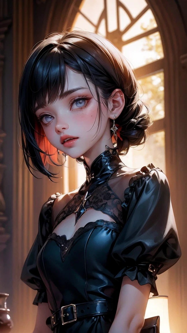 Cute Girl, cowboy shot,(high quality: 1.3), lens, masterpiece, (sharp focus: 1.5), (lifelike: 1.3), medium portrait (A beautiful young vampire woman, pale skin, Gothic, Still proud and fierce, Black short bob straight hair, dark appearance, Wearing a sophisticated dark tunic, dark atmosphere, But shape it in a way that contrasts light and dark), it&#39;night, (highly refined skin), (Detailed face), Detailed background, dark light, twilight lighting, Volumetric lighting, intricate details, ultra high definition,