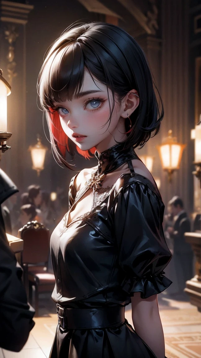 Cute Girl, cowboy shot,(high quality: 1.3), lens, masterpiece, (sharp focus: 1.5), (lifelike: 1.3), medium portrait (A beautiful young vampire woman, pale skin, Gothic, Still proud and fierce, Black short bob straight hair, dark appearance, Wearing a sophisticated dark tunic, dark atmosphere, But shape it in a way that contrasts light and dark), it'night, (highly refined skin), (Detailed face), Detailed background, dark light, twilight lighting, Volumetric lighting, intricate details, ultra high definition,