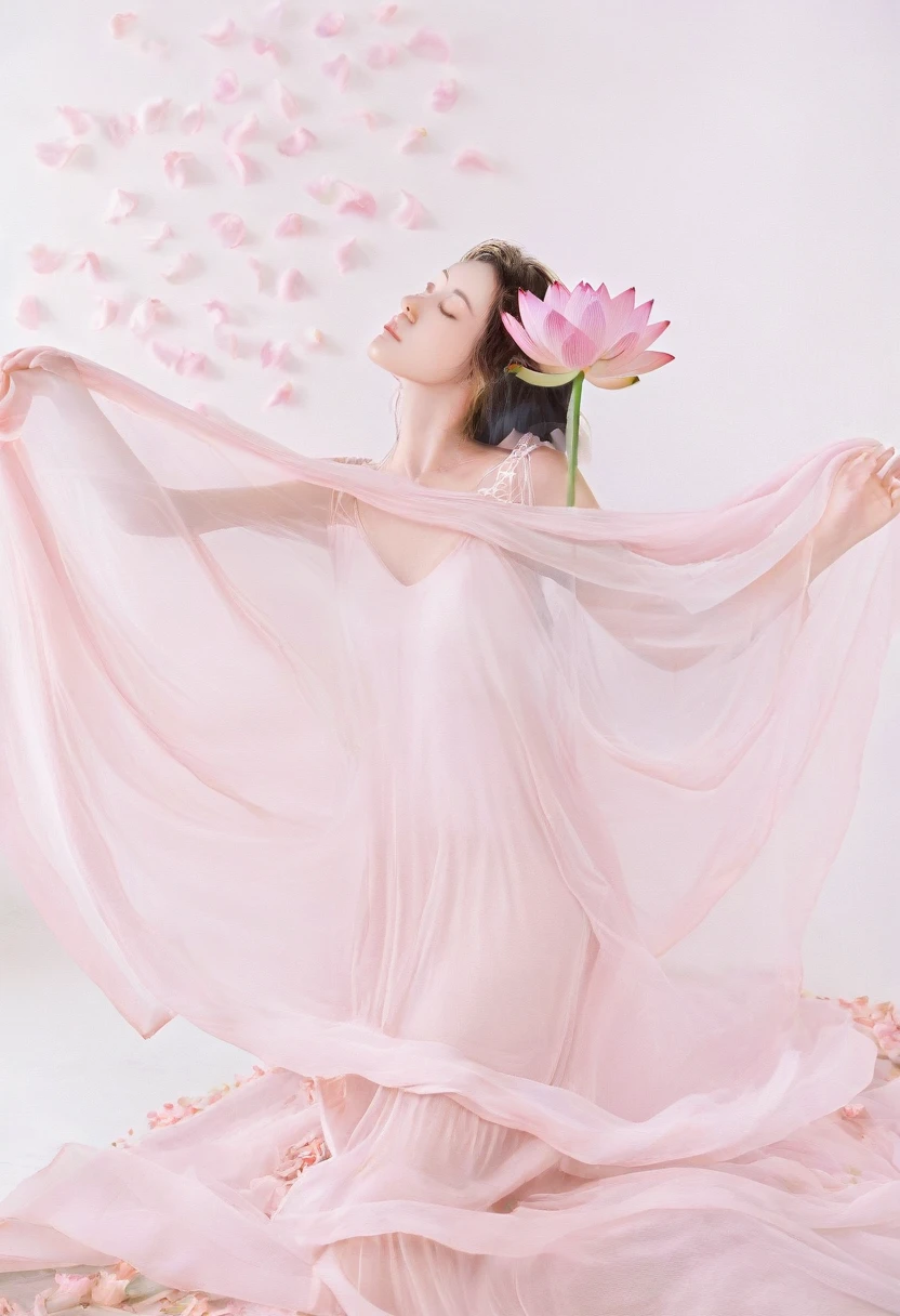 Light pink and light white tones,full bodyesbian,  white backgrounid, Natural lighting, Efeito de Luz, minimalist, Elegant, pure tenderness, softlighting, realisticlying. A woman who is (clavicle, bshoulders,) posing on a (pray and stand) A super giant lotus with large and long petals (Petals are made of thin, soft gauze fabric, Full background of flowing petals, floating petal, super flying petals, Smoke effect mixed with petals), Lotus dress,((ssee-through)).