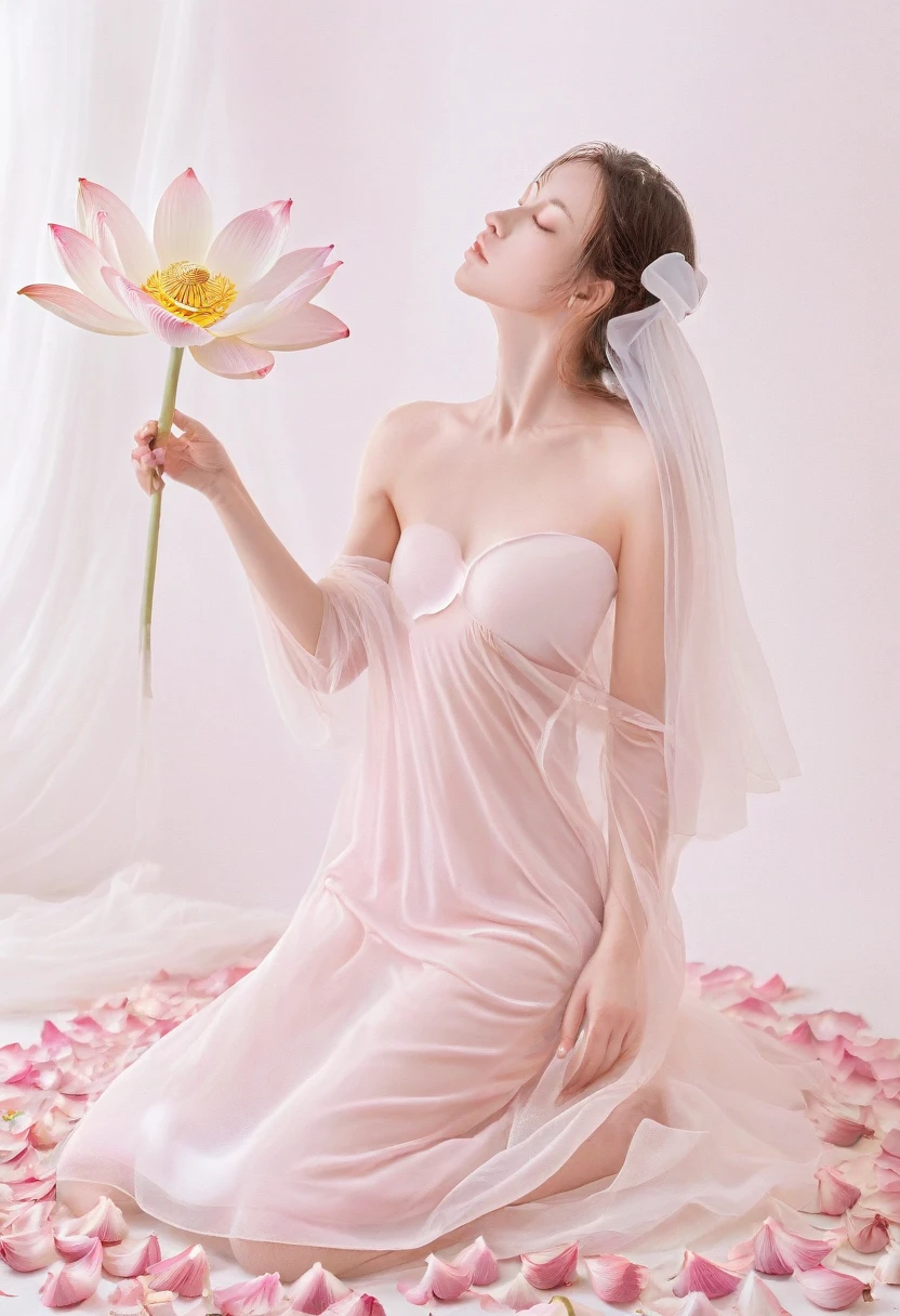 Light pink and light white tones,full bodyesbian,  white backgrounid, Natural lighting, Efeito de Luz, minimalist, Elegant, pure tenderness, softlighting, realisticlying. A woman who is (clavicle, bshoulders,) posing on a (pray and stand) A super giant lotus with large and long petals (Petals are made of thin, soft gauze fabric, Full background of flowing petals, floating petal, super flying petals, Smoke effect mixed with petals), Lotus dress,((ssee-through)).