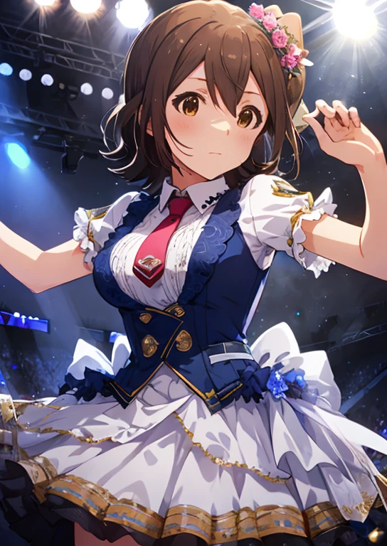 Mirai Kasuga (million live), (highest quality, 8K, masterpiece, Super detailed:1.2), (Lens flare, particles of light, shine), big breasts, smile, open your mouth, masterpiece, highest quality, Super detailed, High resolution, Very detailed CG, official art, idol costume, pink tie,white skirt, dancing idol, stage, sexy,panty shot