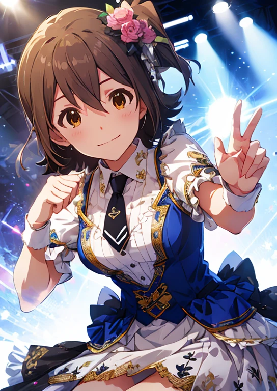 Mirai Kasuga (million live), (highest quality, 8K, masterpiece, Super detailed:1.2), (Lens flare, particles of light, shine), big breasts, masterpiece, highest quality, Super detailed, High resolution, Very detailed CG, official art, idol costume, pink tie,white skirt, dancing idol, stage, sexy