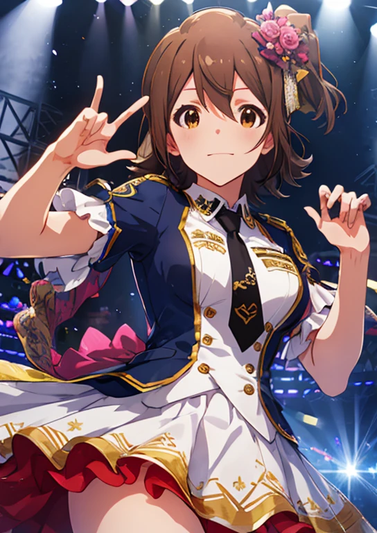 Mirai Kasuga (million live), (highest quality, 8K, masterpiece, Super detailed:1.2), (Lens flare, particles of light, shine), big breasts, masterpiece, highest quality, Super detailed, High resolution, Very detailed CG, official art, idol costume, pink tie,white skirt, dancing idol, stage, sexy