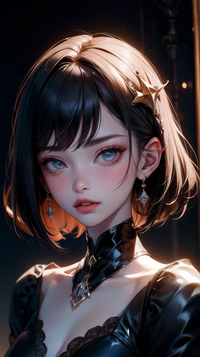 Cute Girl, (high quality: 1.3), lens, masterpiece, (sharp focus: 1.5), (lifelike: 1.3), medium portrait (A beautiful young vampire woman, pale skin, Gothic, Still proud and fierce, Black short bob straight hair, dark appearance, Wearing a sophisticated dark tunic, dark atmosphere, But shape it in a way that contrasts light and dark), it&#39;night, (highly refined skin), (Detailed face), Detailed background, dark light, twilight lighting, Volumetric lighting, intricate details, ultra high definition,