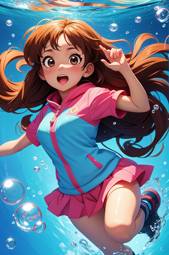 anime key visual, 1  girl fullbody,  solo, symmetrical face, front view, looking at camera, shocked, waved hair,  covered one eye, surrounded by bubbles,  floating in the air, glowing,  masterpiece, best quality , dreamy, Azumanga Daioh