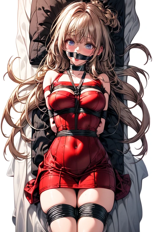 Shiny blond hair, very long hair, sophisticated haircut, ((((hair fully braided)))), ((small twisted braids)), thin and oval face, submissive, (((detailed ball-gagged:1.3))), ((((gagged)))), (((((very transparent red dress:1.7))))), (((((we can see her skin through her transparent dress:1.4))))), cute and blushing 18 years old anime girl, look away because she is embarrassed and blushes, bright blue eyes, detailed face, detailed members, detailed arms, detailed hands, ((((sparkling diamond jewelry)))), tiara, ((makeup)), high heels, puffy sleeves, long gloves, long eyelashes, Girl lying, tied by ropes, shackled, can no longer move, tied tightly, very hard tied up with lots of ropes, hampered by so many ropes that she can no longer move, bound hands and feet, ropes tie his whole body, tied extremely tightly and forcefully to her bed by a lot of ropes, its limbs are strongly tied together by ropes, his torso is tied up with thick cords, her chest is so tied up with ropes that it sticks out, her legs are tied tightly with thick ropes, his hands are tied behind his back with ropes, she can no longer move her feet, her hands which are tied by thick ropes, she desperately tries to free herself, likes to be tied tight with big ropes, likes to be immobilized by big ropes, lying down, his hands and feet are strongly tied to the railing of his bed, his legs are pressed together and tied with ropes, its limbs are held vigorously by imposing ropes, her hands are tied securely behind her back by ropes, her chest is compressed by strong ropes, she is pressed against her bed and restrained by large ropes (shibari, arms behind the back:1.4), (hands on the back), (masterpiece, best quality) 1.5, 1girl, solo, (sexy, beautiful woman, perfect face, perfect eyes, perfect hands), samus aran, (shibari, arms behind the back:1.4), (hands on the back), Spread the legs, s' ((lie in bed by big ropes)), ((close up of the girl)), ((((lie in bed))))