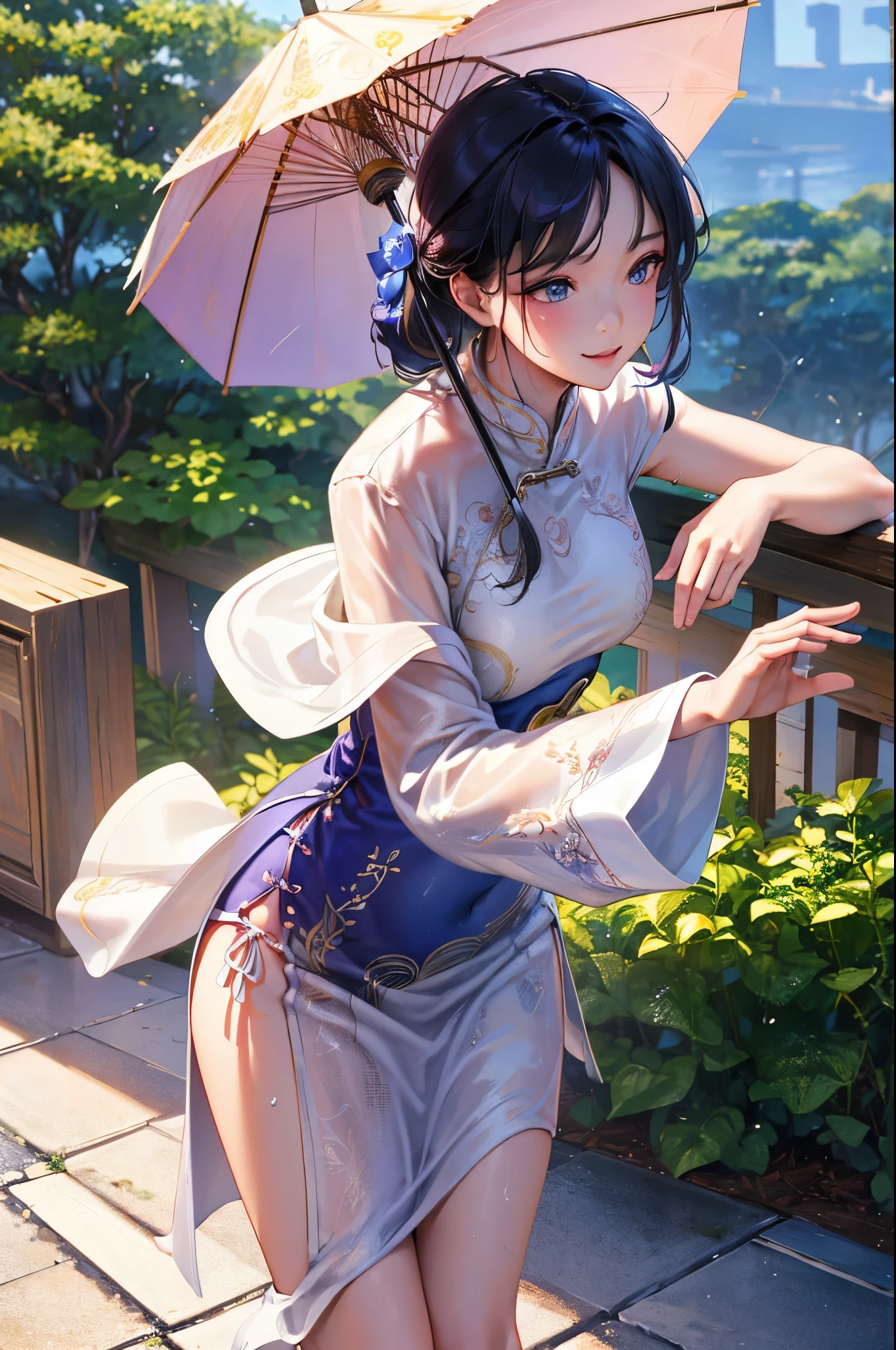 (best quality,4k,8k,highres,masterpiece:1.2),ultra-detailed,(realistic,photorealistic,photo-realistic:1.37), mage, female dancer, 22 years old, perfect body shape, wet, silk cheongsam, sakura pattern, holding old umbrella, upstair pose, happy face, determined eyes, wind effect, smugging face, vibrant colors, soft lighting
