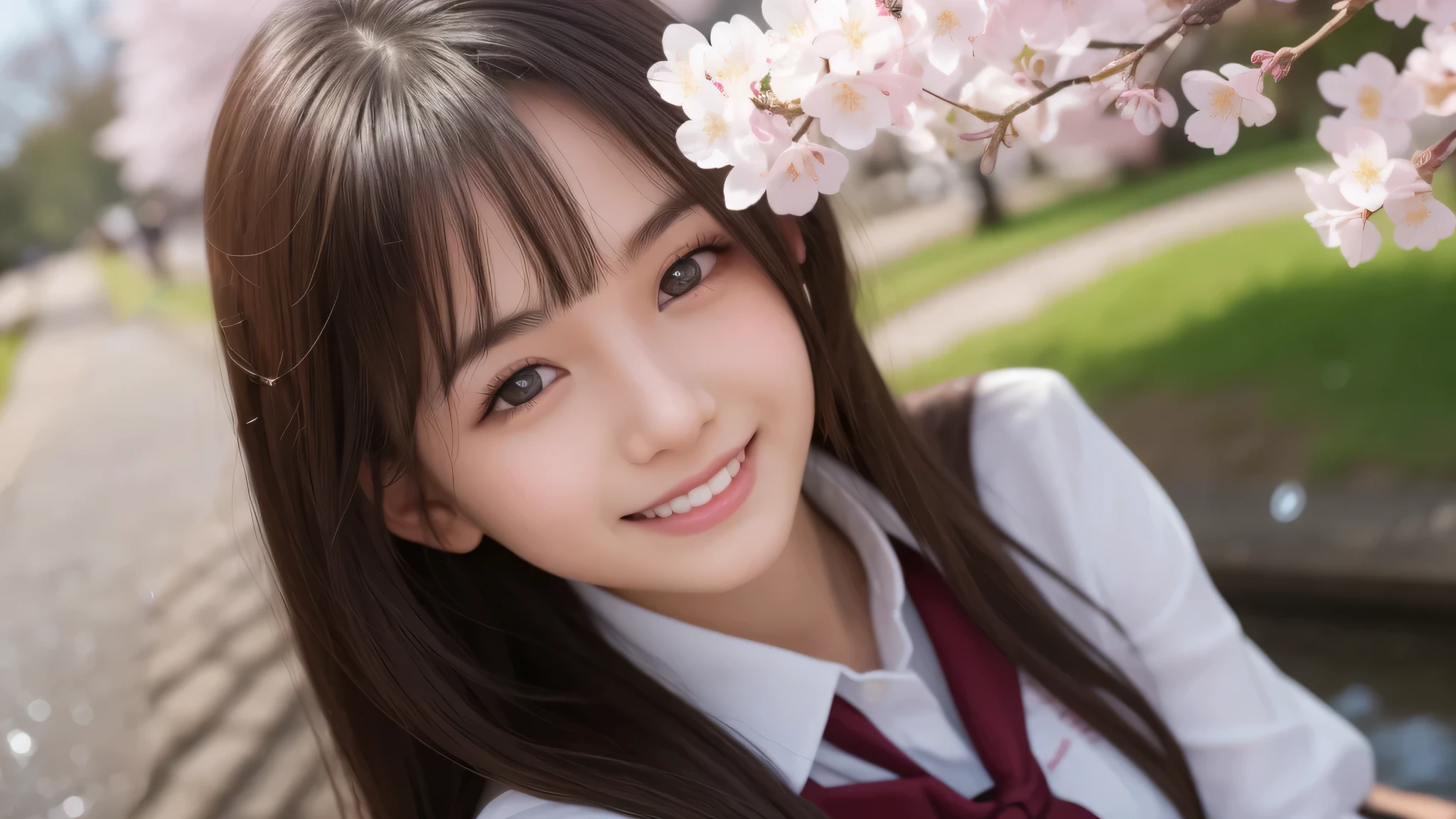 (1girl), (), (young face:1.2), shy smile, (Best Quality:1.4), (Ultra-detailed), (extremely detailed beautiful face), Amazing face and eyes, brown eyes, (highly detailed Beautiful face), (high school uniform:1.2), (extremely detailed CG unified 8k wallpaper), Highly detailed, High-definition raw color photos, Professional Photography, Realistic portrait, Extremely high resolution, cute smiling, Cherry blossom trees, small puddle, rain,