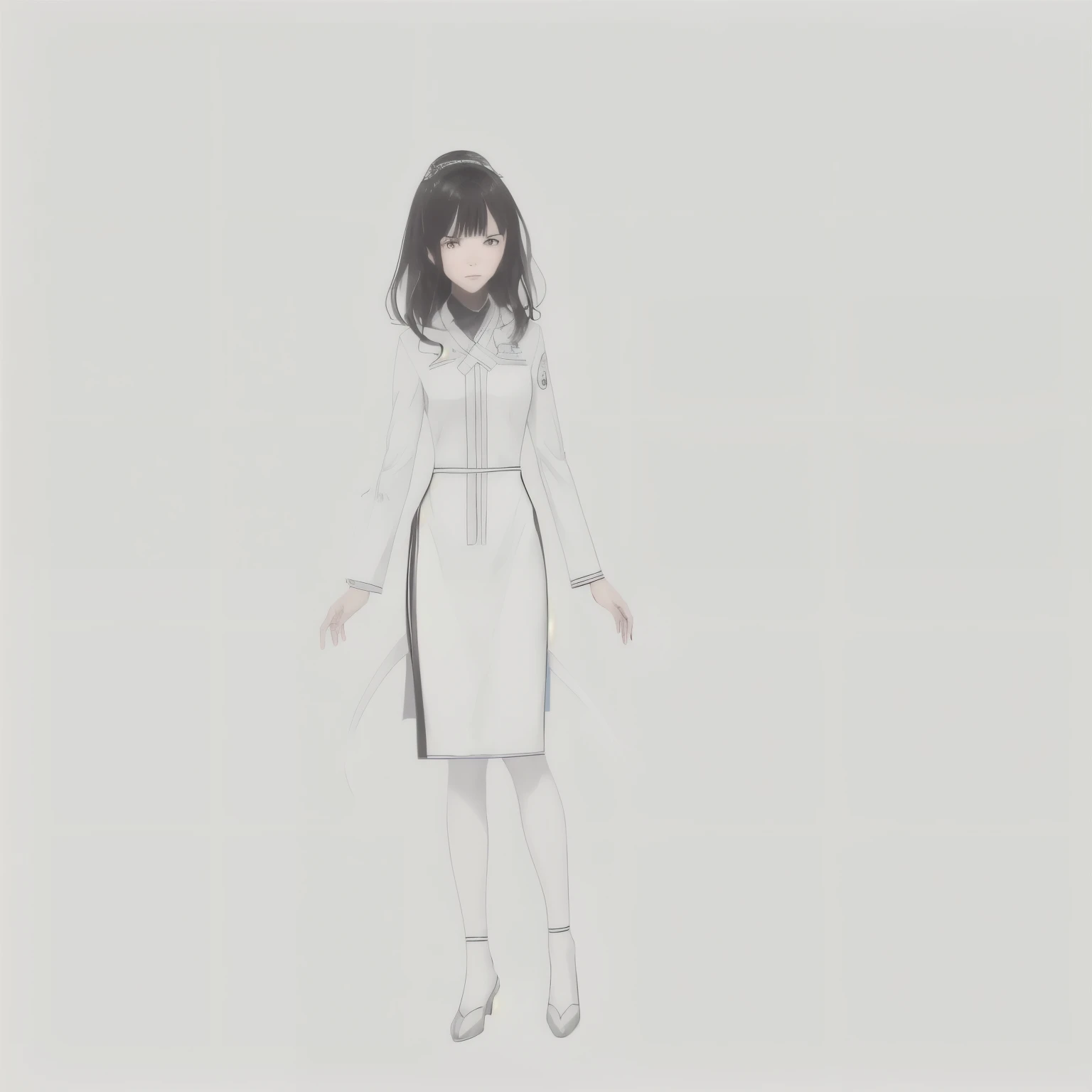 Mutsumi Inomata風、A picture of a black-haired woman in a white suit, anime Full body illustration, Official character illustration, costume design,girl cartoon character design, one character whole body, full body portrait of character, full body character design, Full body illustration, Mutsumi Inomata