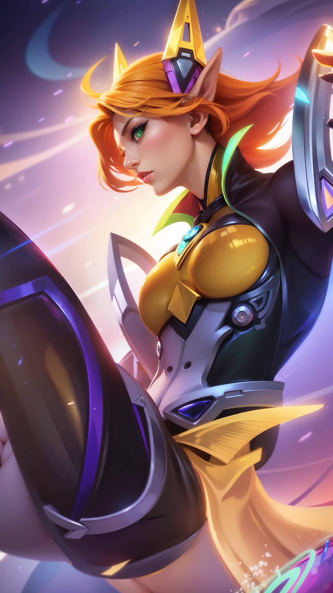 (female:1.2), 8k, ultra hd, ultra detailed texture, hyper realistic, masterpiece, detailed texture, detailed face, detailed skin, detailed lighting, (photorealistic:1.5), best quality, beautiful lighting, cinematic lighting, professional lighting, ultra highres, realistic, detailed hair, real hair, high quality, (realskin:1.5), extremely detailed, finely detail, ultra-detailed, 1girl, solo, elf, pointy ears, headgear, floating, (green eyes:1.5), lips, parted lips, white skin, nose, pretty, beautiful, make up, cute face, short hair, orange hair, large breasts, thigh, ass, pauldrons, gloves, bodysuit, Long sleeve, high collar, armor shoulder, eudora \(mobile legends\), from behind, depth of field, looking aways, projectile, aurora, galaxy, skin tight, amazing pose, glowing, blurry background, elf ear
