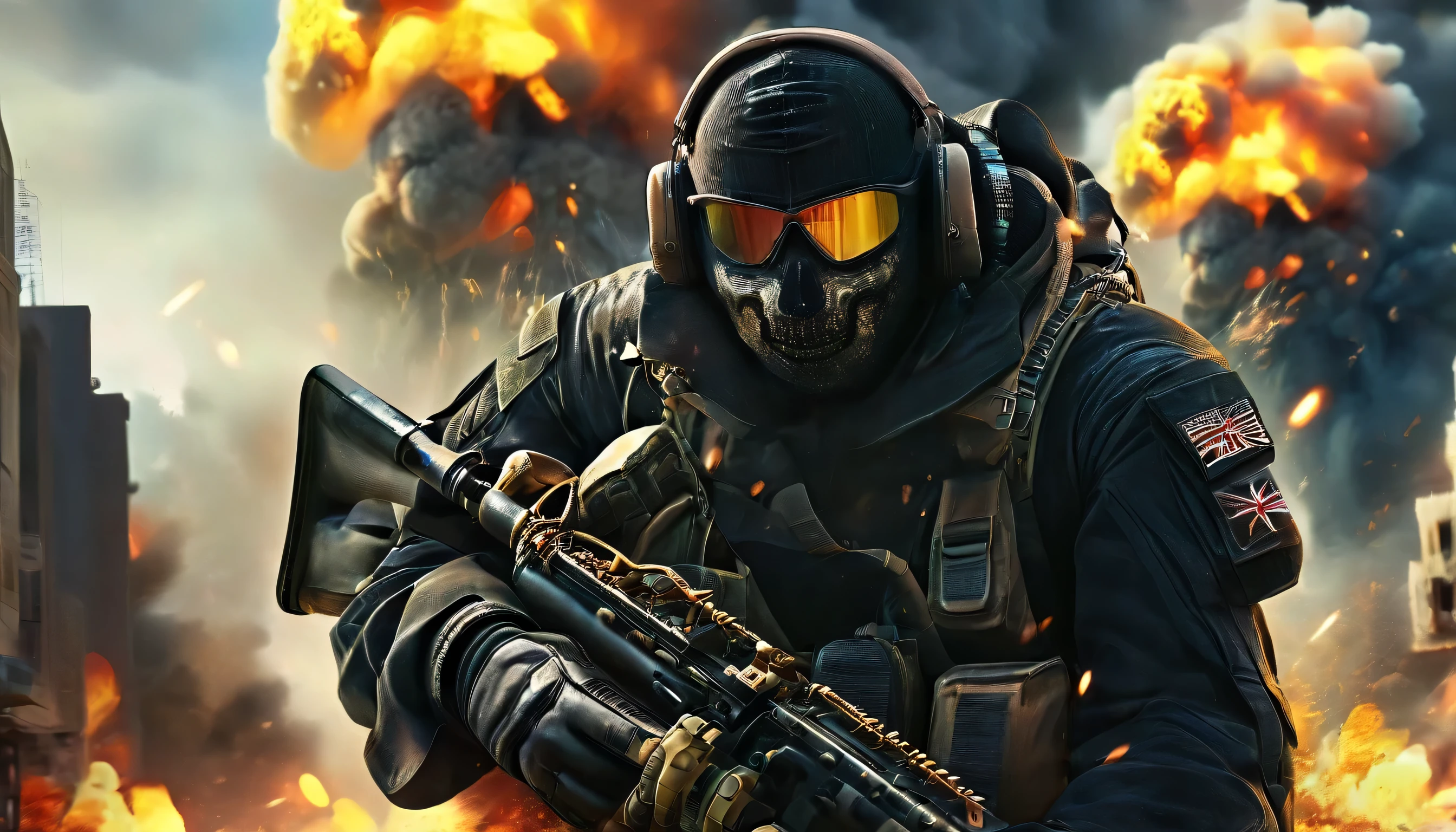 (((cinematic film still of Simon Ghost Riley a man in a black outfit holding a saxophone modern warfare style))), ((Upper body selfie)), selfie with his cell phone, (((((distant nuclear explosion))))), (((World War))), (explosion,fire:1.2), (smoke:1.4), (((((city))))), (RTX) cinematic film shot in 70mm, depth of field, vivid colors, (best quality,ultra-detalhado,Realistic:1.37), (8k, ARTISTIC photography, best quality, masterpiece: 1.2), (realistic, photorealistic:1.37), over-detailed, (high-detail skin: 1.2), 8k UHD, SLR camera, soft lighting, high quality, film grain, cinematic lighting, photonic display, brightness, physically rendered photo, (dynamic pose ), extremely high-quality graphics, over-detailed face, (((cinematic lighting))), ((clear details)),