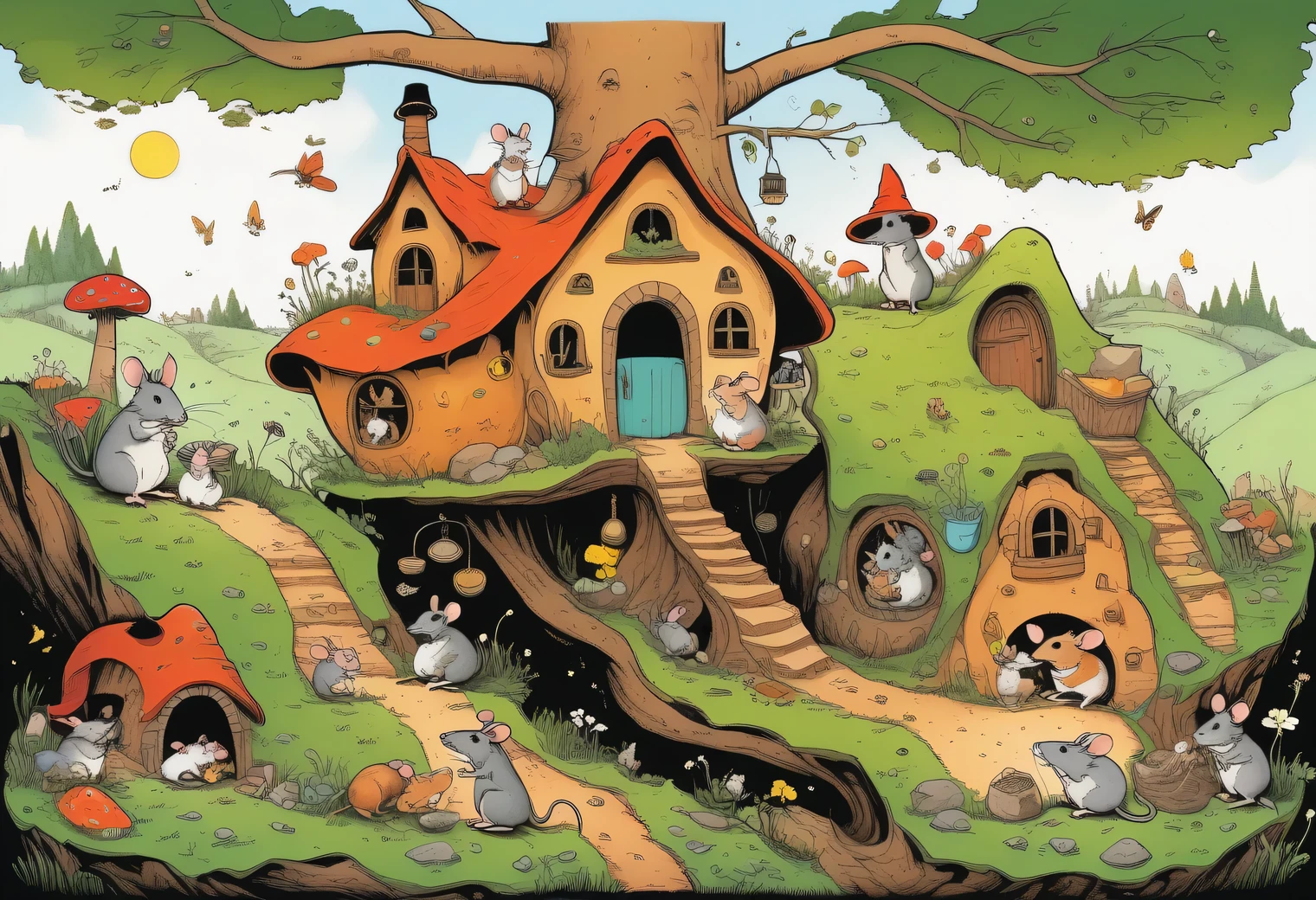 A complex picture of vector graphics, a surreal cross-sectional image from a large fairy-tale burrow with cartoon anthropomorphic humanoid mice who live an ordinary life and do household chores, everyday cartoon warm and cozy atmosphere, clean decoration, fictional fairy-tale atmosphere, the earth with forests and mosses is filled over the burrow, vector graphics, high resolution, clear contours, colorful gradients, high detail, ultra-detailed