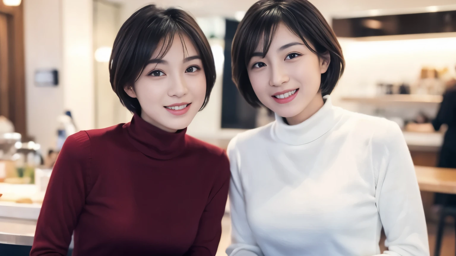 (highest quality、table top、8K、best image quality、Award-winning work)、Fashionable cafes in New York、one beautiful woman、25 years old、(Fixed front configuration:1.1)、(Photo from the front、from the chest up:1.1)、(emphasize body line:1.1)、(bright, Perfectly fitted dark red turtleneck tight knit sweater:1.1)、(upper body photo:1.1)、look at me and smile、(Strongly blurred cafe interior background:1.1)、droopy eyes、natural makeup、With bangs、short hair、Ultra high definition beauty face、(Super high resolution perfect beautiful teeth:1.1)、ultra high definition hair、Super high-definition sparkling eyes、Super high resolution glossy lips、accurate anatomy、(very bright and vivid:1.3),Boyish Idol