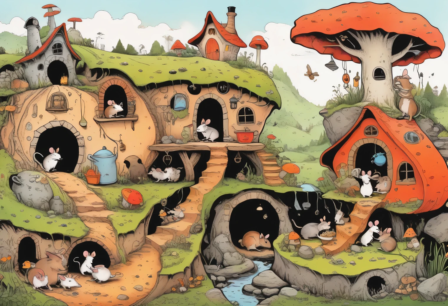 A complex picture of vector graphics, a surreal cross-sectional image from a large fairy-tale burrow with cartoon anthropomorphic humanoid mice who live an ordinary life and do household chores, everyday cartoon warm and cozy atmosphere, clean decoration, fictional fairy-tale atmosphere, the earth with forests and mosses is filled over the burrow, vector graphics, high resolution, clear contours, colorful gradients, high detail, ultra-detailed