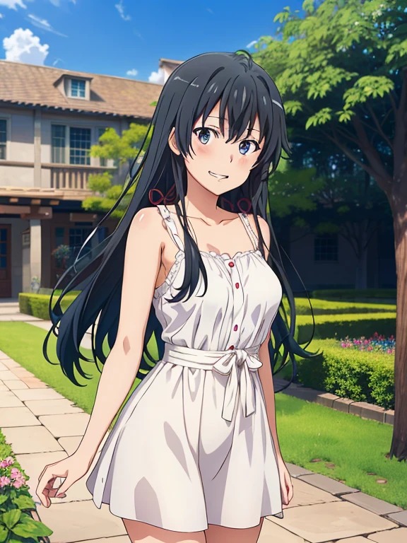((masutepiece, Best Quality, hight resolution, nffsw, Perfect Pixel, depth of fields, 4K, )), 1girl in, Solo, , Beautiful anime girl, Beautiful Art Style, 
standing:1.3, hands behind back:1.3, garden background, Looking at viewer. 
Perfect body, grin smile, white dress:1.2

yukinoshita yukino, black hair, long hair, medium breasts, Full face blush, 
straight-on:1.4