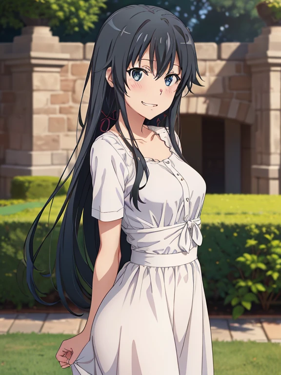 ((masutepiece, Best Quality, hight resolution, nffsw, Perfect Pixel, depth of fields, 4K, )), 1girl in, Solo, , Beautiful anime girl, Beautiful Art Style,
standing:1.3, hands behind back:1.3, garden background, Looking at viewer.
Perfect body, grin smile, white dress:1.2
yukinoshita yukino, black hair, long hair, medium breasts, Full face blush,
straight-on:1.4