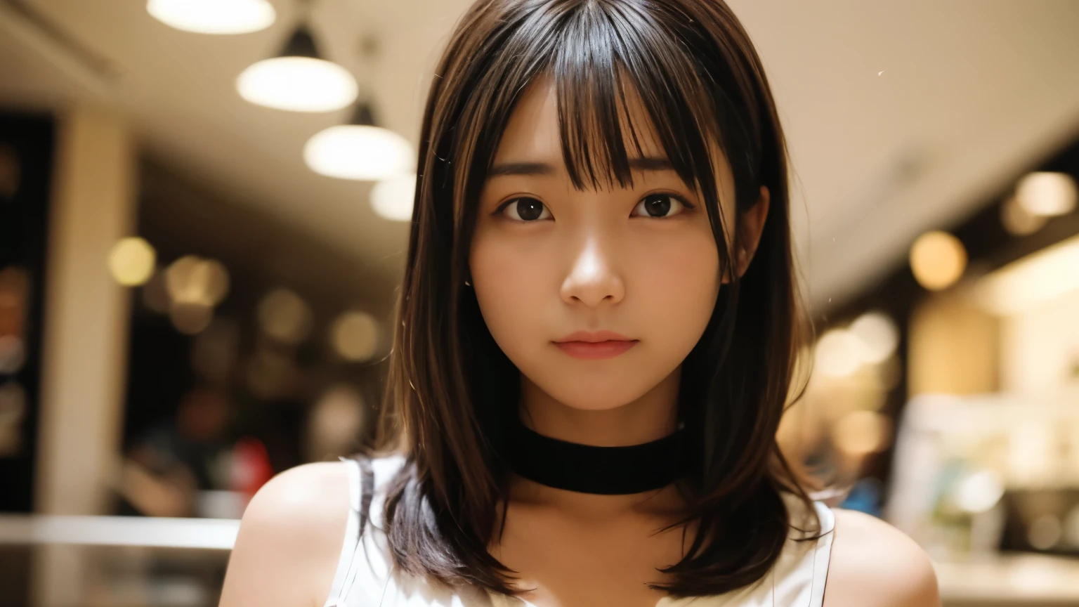 masterpiece, highest quality, 8K, person without order, (Upper body:1.4), stylish cafe,choker, beautiful girl, cute face, looking at the viewer, smile, Super realistic, High resolution, photograph, sharp focus, HDR, face light, dynamic lighting, movie lighting, professional shadow, beautiful cafe background, best details, very detailed, Super detailed, finely, real skin, delicate features, detailed face and eyes, sharp pupils、Real students，Japanese idol，troubled expression