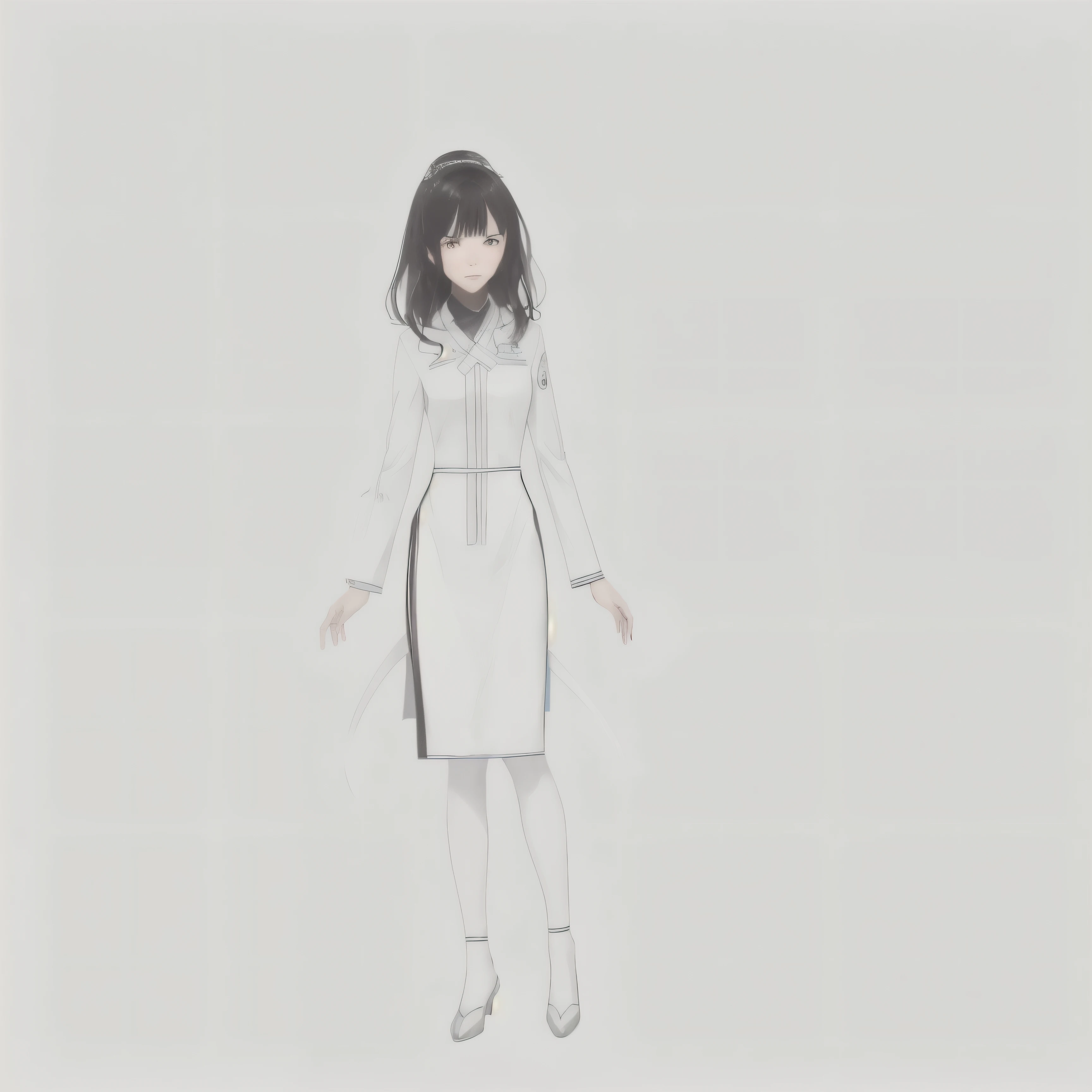 Mutsumi Inomata style、A picture of a black-haired woman in a white suit, anime Full body illustration, Official character illustration, costume design,girl cartoon character design, one character whole body, full body portrait of character, full body character design, Full body illustration, Mutsumi Inomata