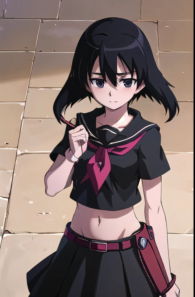 agkkurome, kurome, short hair, black hair, black eyes, hair between eyes, skirt, serafuku, red belt, black serafuku, black skirt, neckerchief, red neckerchief, short sleeves, navel, blush, masterpiece, best quality, ultra detail