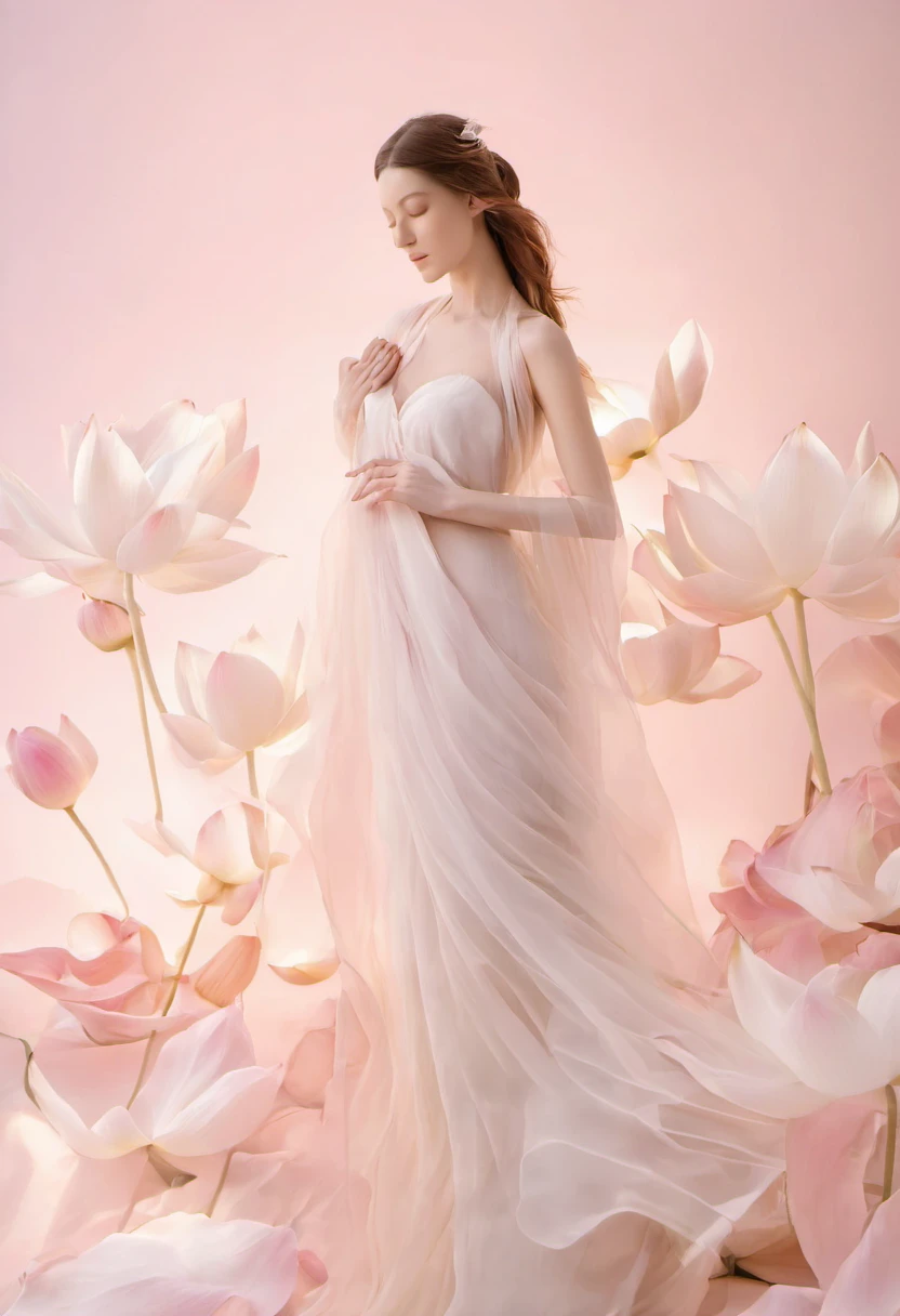 Light pink and light white tones,full bodyesbian,  white backgrounid, Natural lighting, Efeito de Luz, minimalist, Elegant, pure tenderness, softlighting, realisticlying. A woman who is (clavicle, bshoulders,) posing on a (pray and stand) A super giant lotus with large and long petals (Petals are made of thin, soft gauze fabric, Full background of flowing petals, floating petal, super flying petals, Smoke effect mixed with petals), Lotus dress,((ssee-through)).