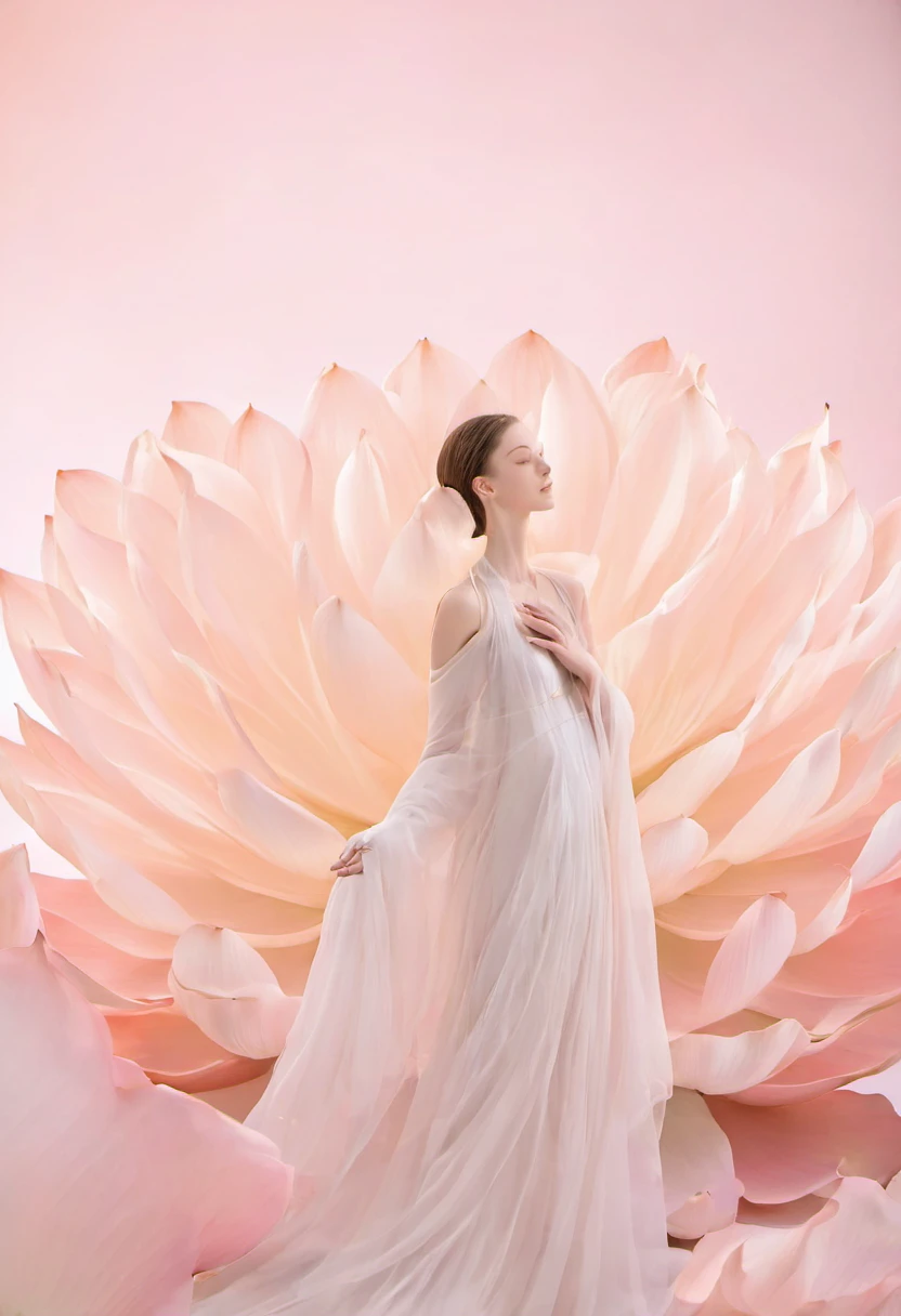 Light pink and light white tones,full bodyesbian,  white backgrounid, Natural lighting, Efeito de Luz, minimalist, Elegant, pure tenderness, softlighting, realisticlying. A woman who is (clavicle, bshoulders,) posing on a (pray and stand) A super giant lotus with large and long petals (Petals are made of thin, soft gauze fabric, Full background of flowing petals, floating petal, super flying petals, Smoke effect mixed with petals), Lotus dress,((ssee-through)).