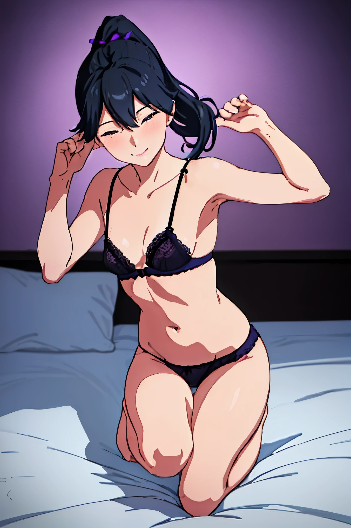 (highest quality:1.5, High resolution, 4k, detailed lighting, shader), black hair, big ponytail,(((flat chest))), (small breasts) ,(small breasts), In underwear, cleavage, (close shot), squat, night bedroom background, smile, sexy, erotic, despicable, Attractive Lingerie, Light purple lace lingerie,panties, bra