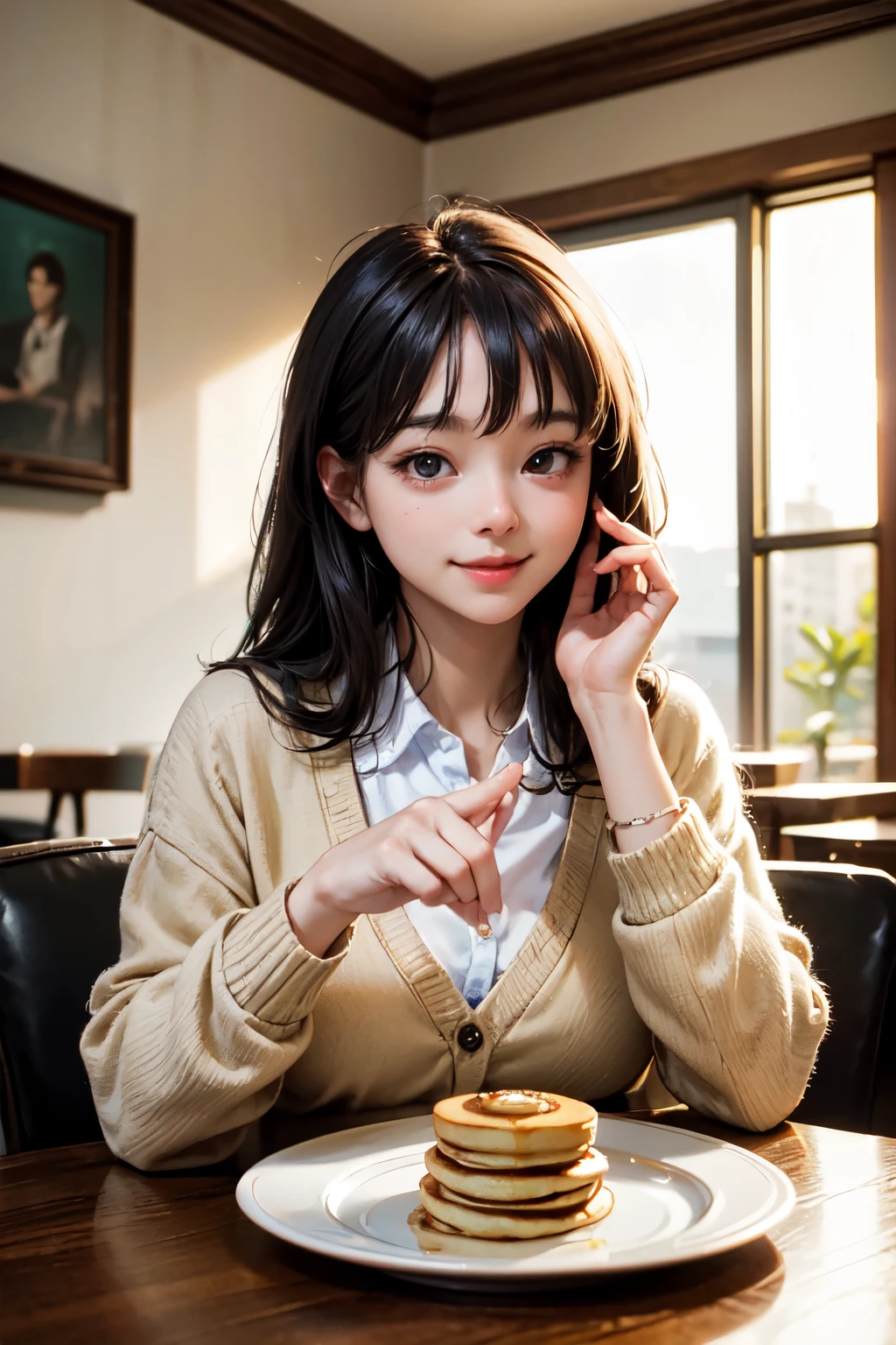 very cute and beautiful girl sitting in restaurant,(highly detailed beautiful face),
white blouse,(smile:1.2),happy,(beige cardigan:1.2) BREAK dynamic angle,hair ornament,black hair,pleated black mini skirt,
tea cups,(cream pancakes on plate),distant some persons at table,depth of field,
(best quality,masterpiece:1.0),absurdres,highres,ultra-detailed,extremely detailed,32k,8k resolution,
intricate details,cinematic scene,detailed background,solo,dynamic angle,