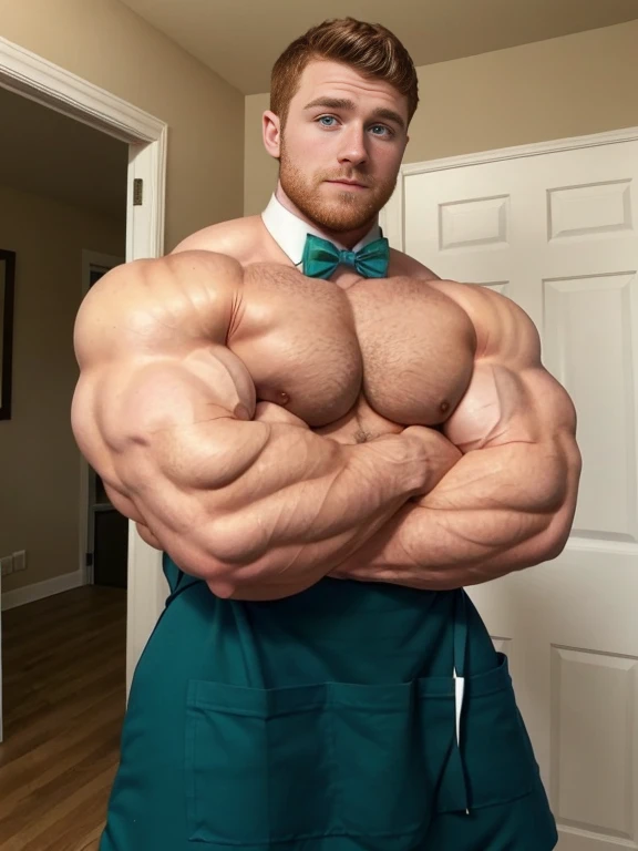 ginger daddy with blue/green eyes, very gorgeous man, very handsome man, very beautiful man, very masculine face, bursting with muscles, gigachad muscles, lean but muscular, ripped, proportionally enormous pecs, (crossing arms:1.5), arms crossed, big package bulge, hung, (Muscular:2.0), (defined muscles:1.5), flexed chest, (Huge Bulge:1.3), soft smile, wearing nothing but an apron and a bowtie, Josh Hutcherson with a beard and wrinkles