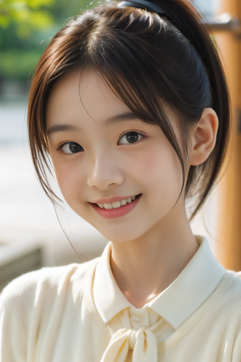 (highest quality, masterpiece), (beautiful  japanese girl), (freckles:0.6), soft light, ponytail, smile