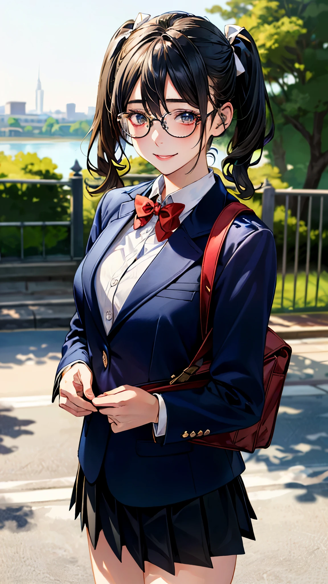 (masterpiece:1.3, top-quality, ultra high res, ultra detailed), (realistic, photorealistic:1.4), beautiful illustration, perfect lighting, natural lighting, colorful, depth of fields,
beautiful detailed hair, beautiful detailed face, beautiful detailed eyes, beautiful clavicle, beautiful body, beautiful chest, beautiful thigh, beautiful legs, beautiful fingers,
looking at viewer, 1 girl, high school girl, perfect face, (perfect anatomy, anatomically correct), cute and symmetrical face, face, , shiny skin,
(middle hair:1.5, low twintails:1.2, black hair), hair between eyes, dark green eyes, drooping eyes, big eyes, long eye lasher, (medium breasts), slender,
(((navy blazer, close blazer), collared white shirt, navy pleated skirt, red bow tie), black-rimmed glasses), navy school socks,
(beautiful scenery), evening, (park), standing, hugging school bag, (happy smile, upper eyes),