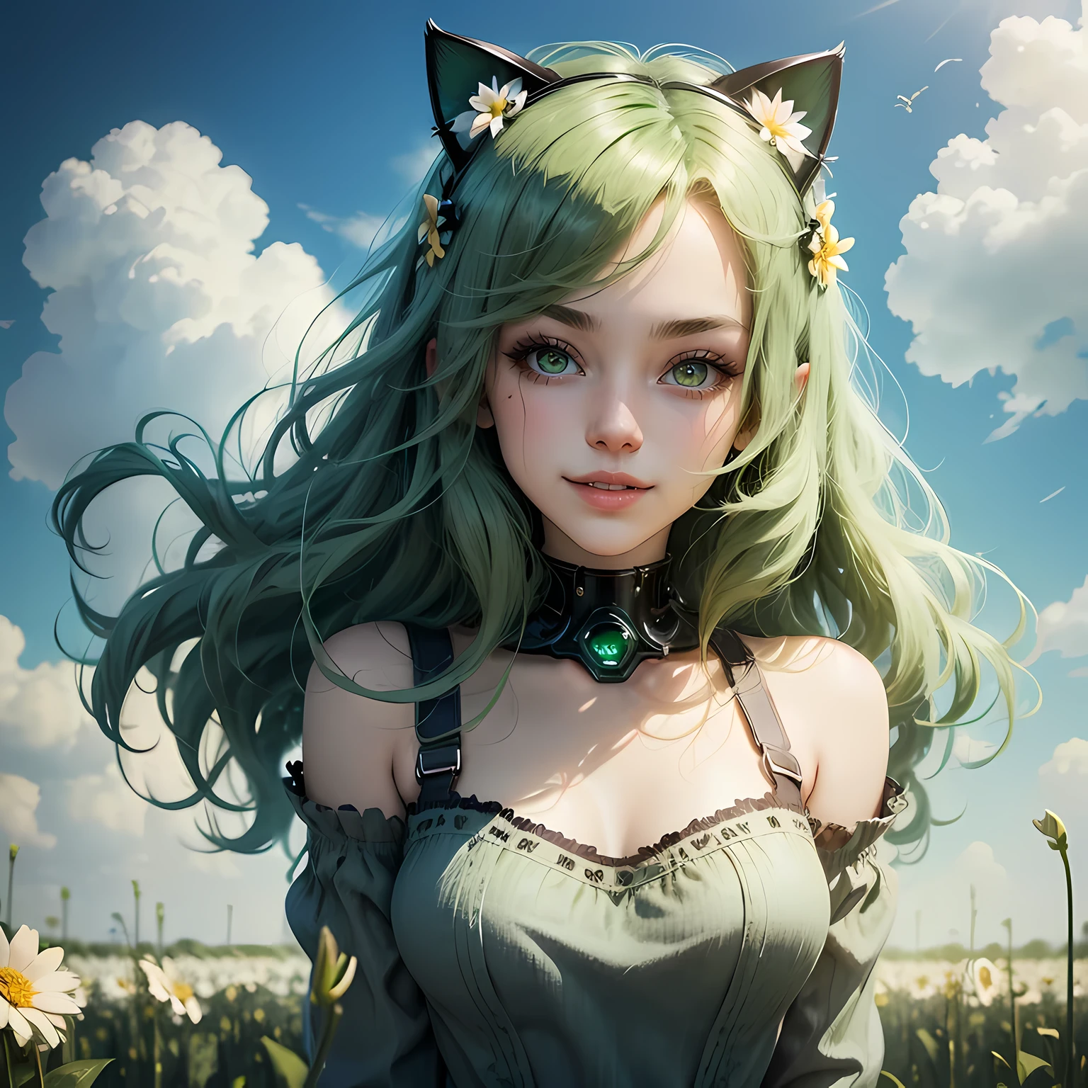 Beautiful woman with green eyes, green hair smiling, fully clothed in a spring dress, cybernetic cat ears, cyber, blooming spring flowers and blue skies in the background, flying petals, happy