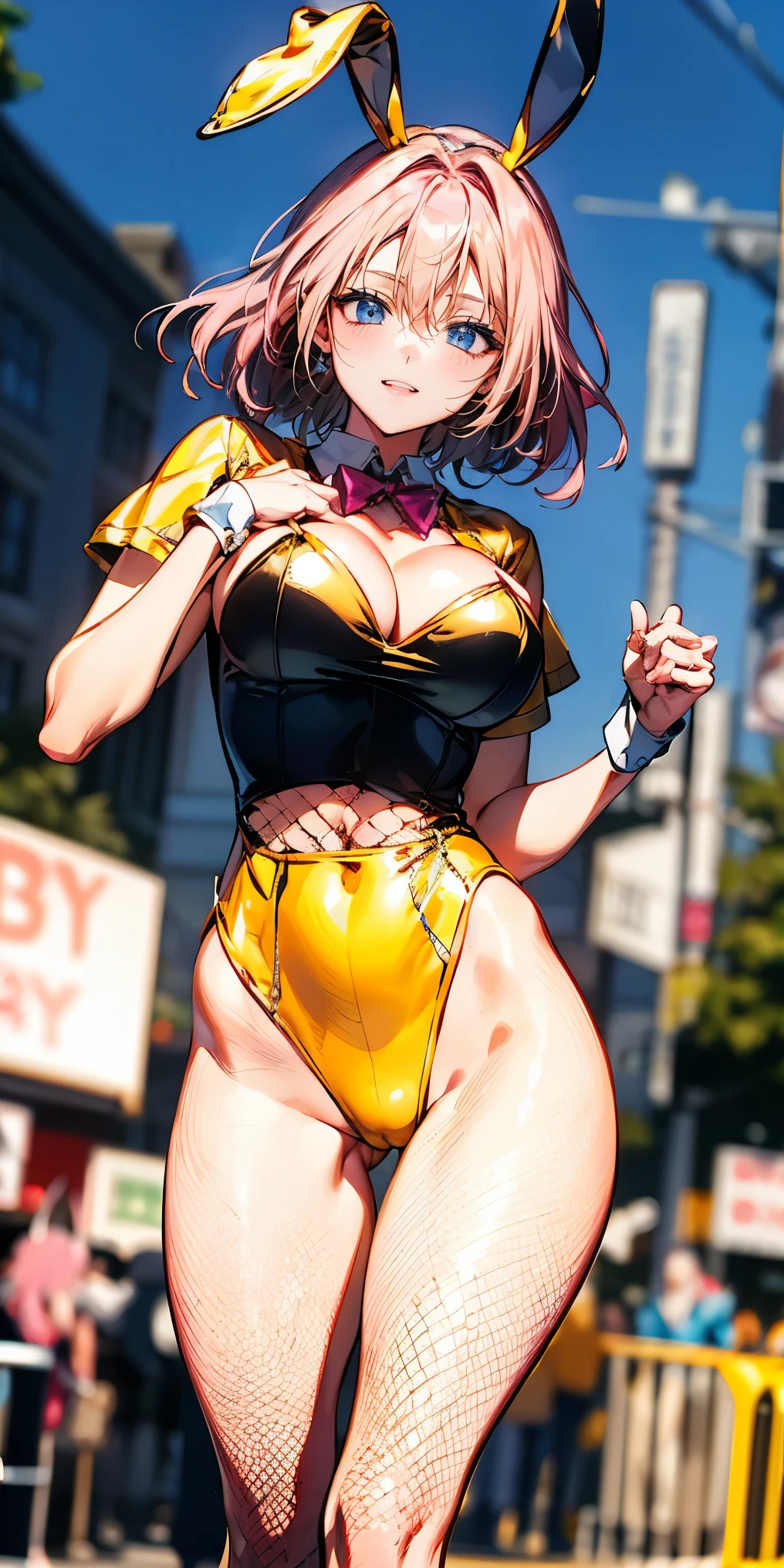 （（highest quality，8K，T Masterpiece：1.3））， sharp focus：1.2，cute woman with perfect figure：1.4，（（（（（huge cleavage））），（ridiculously big breasts：1.5），straight hair、hair blowing in the wind（huge hips），smile，thin abs：1.2，((pink hair:1.4))，Highly deしっぽed face and skin texture，tail eyes，double eyelid、/ (Wear a white top over a black playboy_bunny leotard:1.3), (Clothes divided into upper and lower parts:1.2), (short sleeve:1.1), ((yellow bunny girl costume:1.8)), (black fishnet stockings:1.2), high heels, ((rabbit tail:1.2, rabbit ears)), (handsome short hair:1.3)
