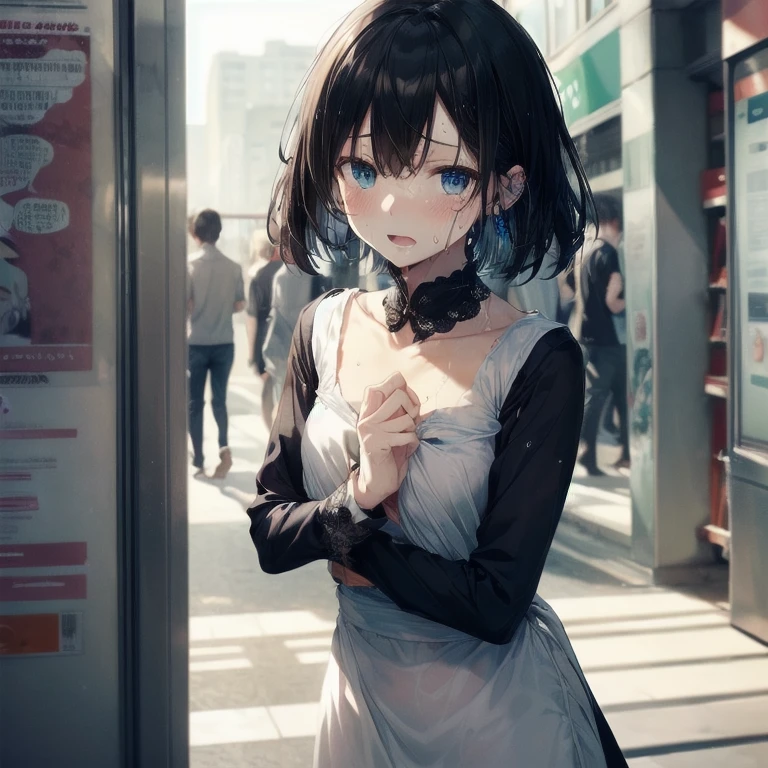 (nsfw:1.5), (Exhibitionist:1.5)、(black hair, short hair:1.2)、embarrassed, Eyes for Help, red cheeks, pleasure, cry, close your mouth, love juice, head tilt、whole body、((classic maid clothes, sweaty clothes, raise one's clothes above one's chest, Clothes with no defects, Luxurious Western-style building)), volume lighting, soft light, (Ultra high definition), masochist