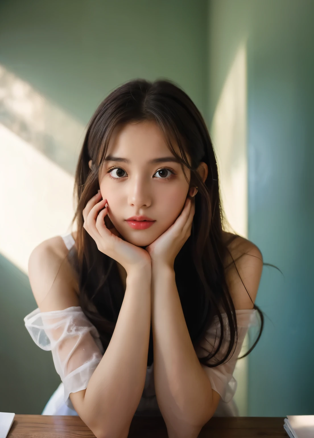 ulzzang-6500-v1.1, (Raw photo:1.2), (Photoreal), beautiful detailed girl, (See-through:1.3), (genuine: 1.4), very detailed目と顔, beautiful and fine eyes, elegant long dress、huge file size, High resolution, very detailed, highest quality, [masterpiece:1.6], enlightenment, very detailed, nffsw, finely, highest quality, 8k wallpaper, movie lighting, 1 girl, , perfect body shape, Cute sagging eyes、beautiful big eyes、pick finger, ((table top)), highest quality, 1 girl, eye shadow, Upper body, portrait, ((full body shot:1.2))、