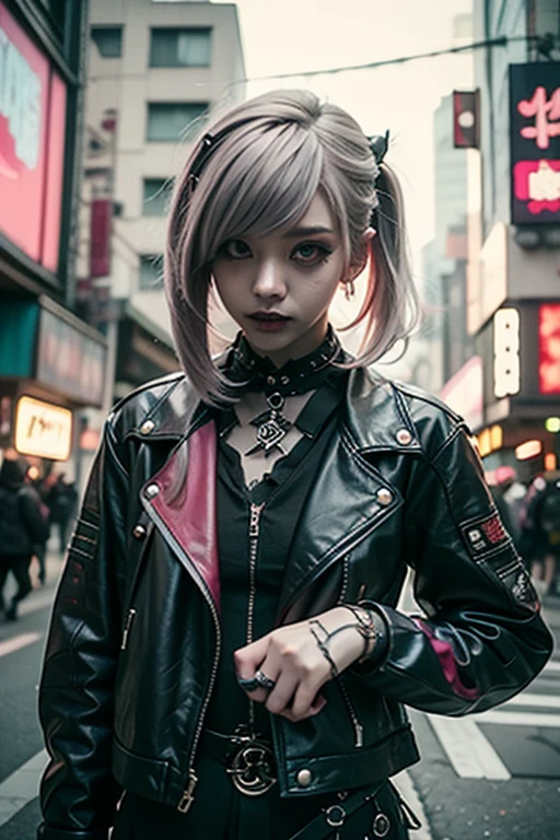 araffe girl with pink hair and a leather jacket posing for a picture, cyberpunk art by Shitao, tumblr, aestheticism, goth aesthetic, anime style mixed with fujifilm, aesthetic cyberpunk, punk style, cyberpunk streetwear, dressed in punk clothing, cruel korean goth girl, goth girl aesthetic, wearing cyberpunk streetwear, pastel goth aesthetic