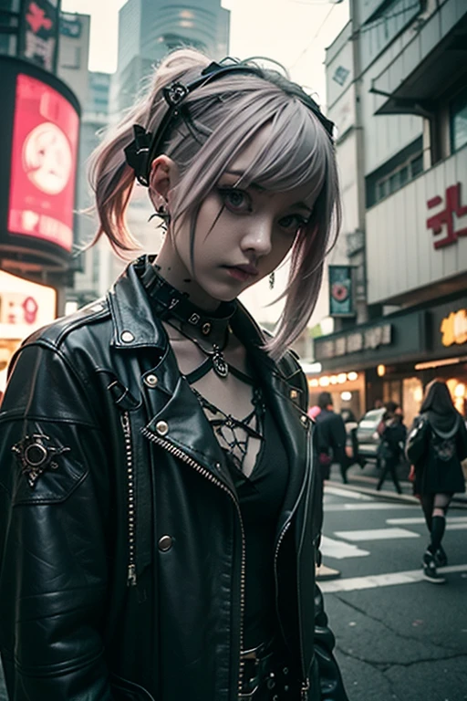 araffe girl with pink hair and a leather jacket posing for a picture, cyberpunk art by Shitao, tumblr, aestheticism, goth aesthetic, anime style mixed with fujifilm, aesthetic cyberpunk, punk style, cyberpunk streetwear, dressed in punk clothing, cruel korean goth girl, goth girl aesthetic, wearing cyberpunk streetwear, pastel goth aesthetic