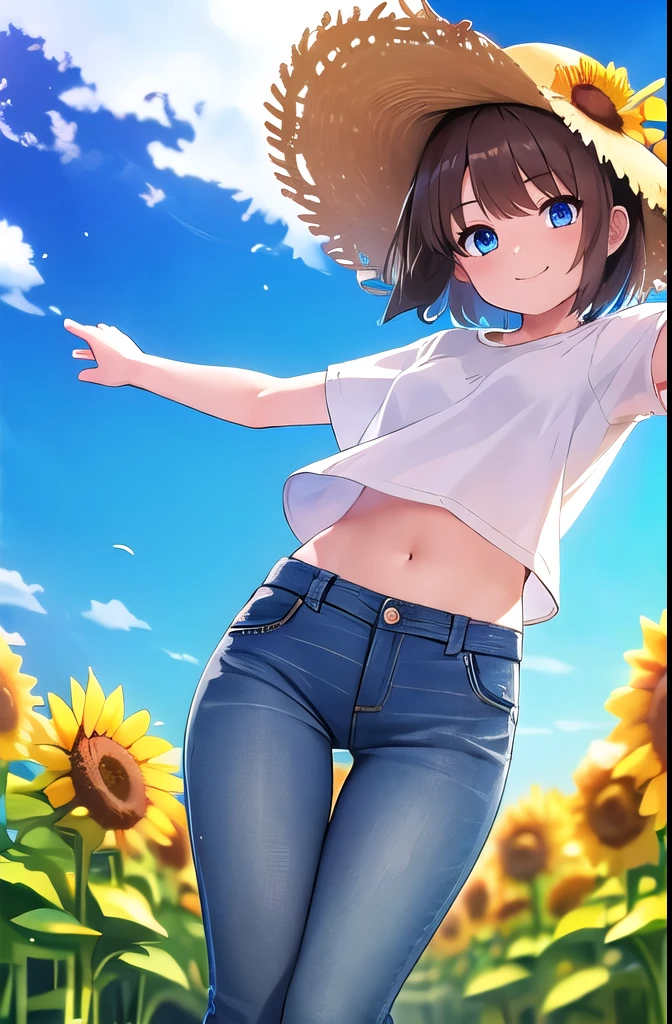 masterpiece,best quality,ultra detail,1girl, ****,smile happy,sunflower garden,straw hat,sunshine,cloud,short hair, blue eyes, brown hair,loose shirt,t-shirt,jeans, wind, midriff peek