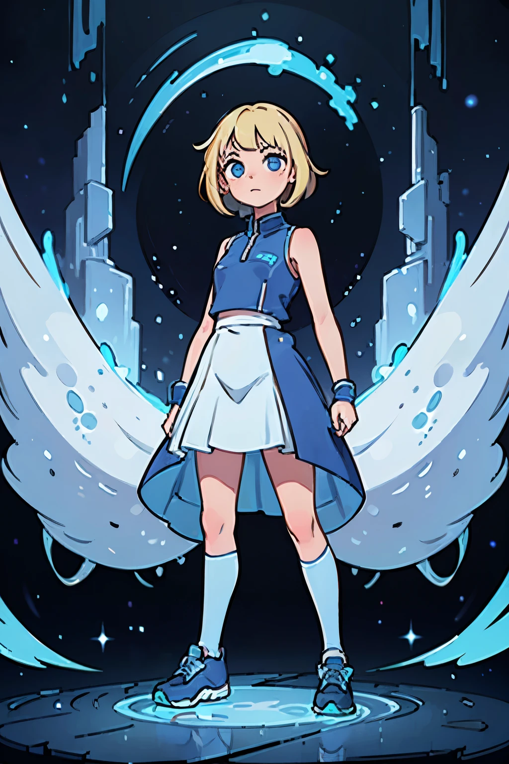 girl. blonde hair with blue high-lights. blue eyes. wearing an ocean dress . wearing blue sneakers. wearing white leggings. standing straight. arms at the side. facing forward.whole body can be seen. cosmic background.