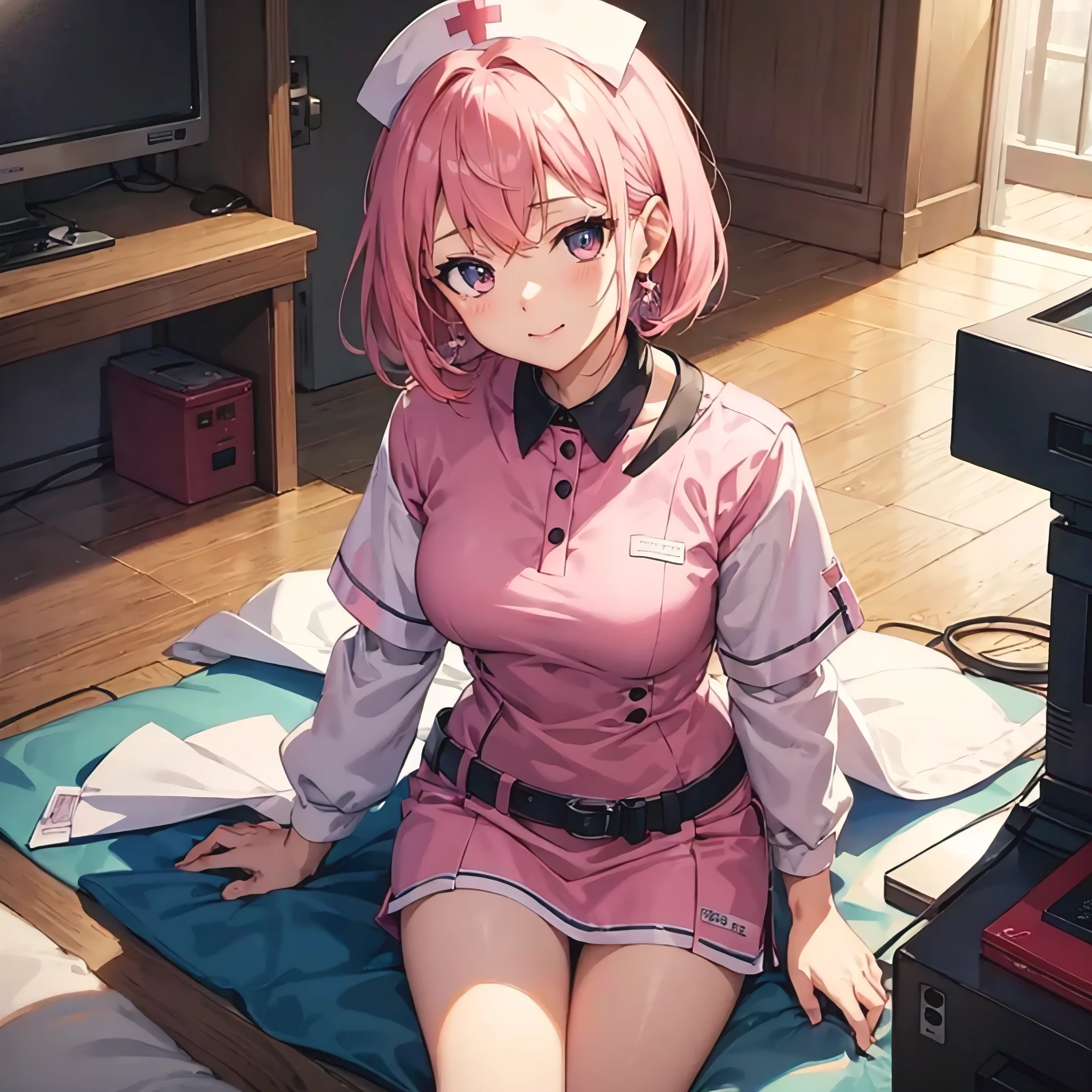 anime character sitting on a bed with a tv in the background, best anime 4k konachan wallpaper, seductive anime girl, anime style 4k, Google on pixiv artstation, smooth anime cg art, nurse girl, Gweiz art station pixiv, 4k anime wallpaper, anime! 4k, anime! 4k, cute anime girl